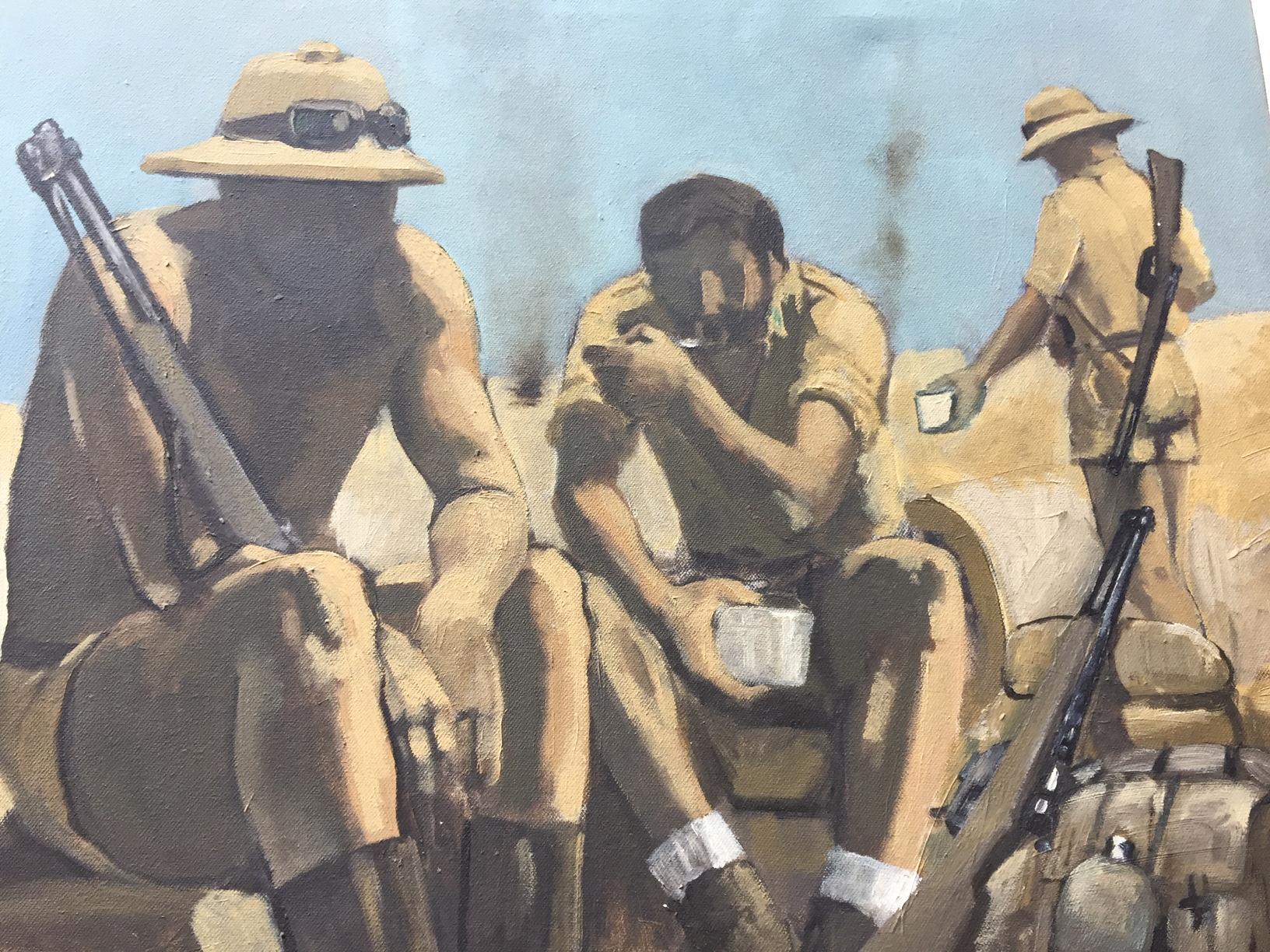 This unique oil on canvas unfraimed figurative Italian painting dipicts three resting Italian soldiers in the foreground, eating and resting in a desert landscape of North Africa during the Second World War. The three seated figures are depicted