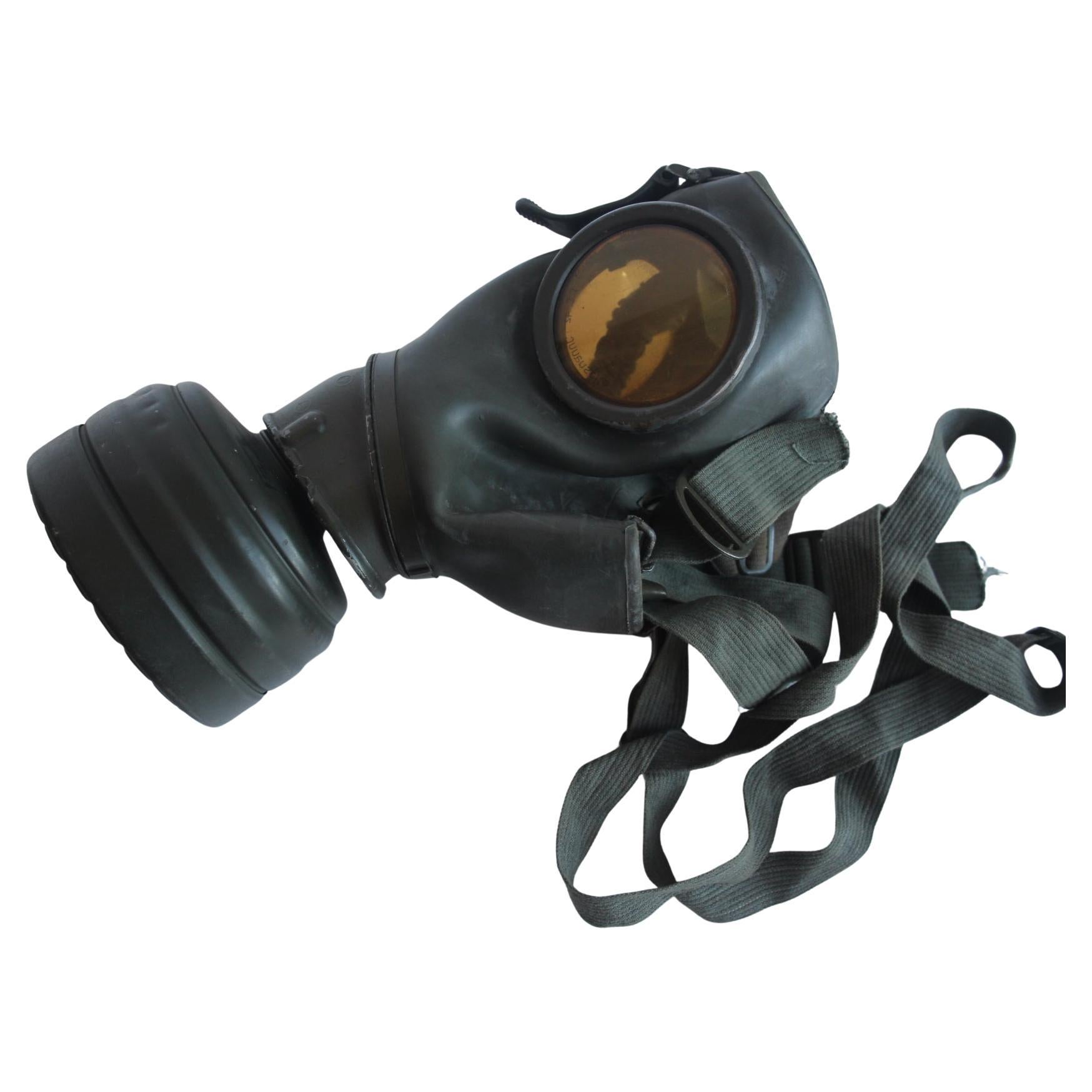 Original-Gasmaske aus dem Zweiten Weltkrieg mit Namensschild und Dienstgrad des Soldaten, um 1940 im Angebot