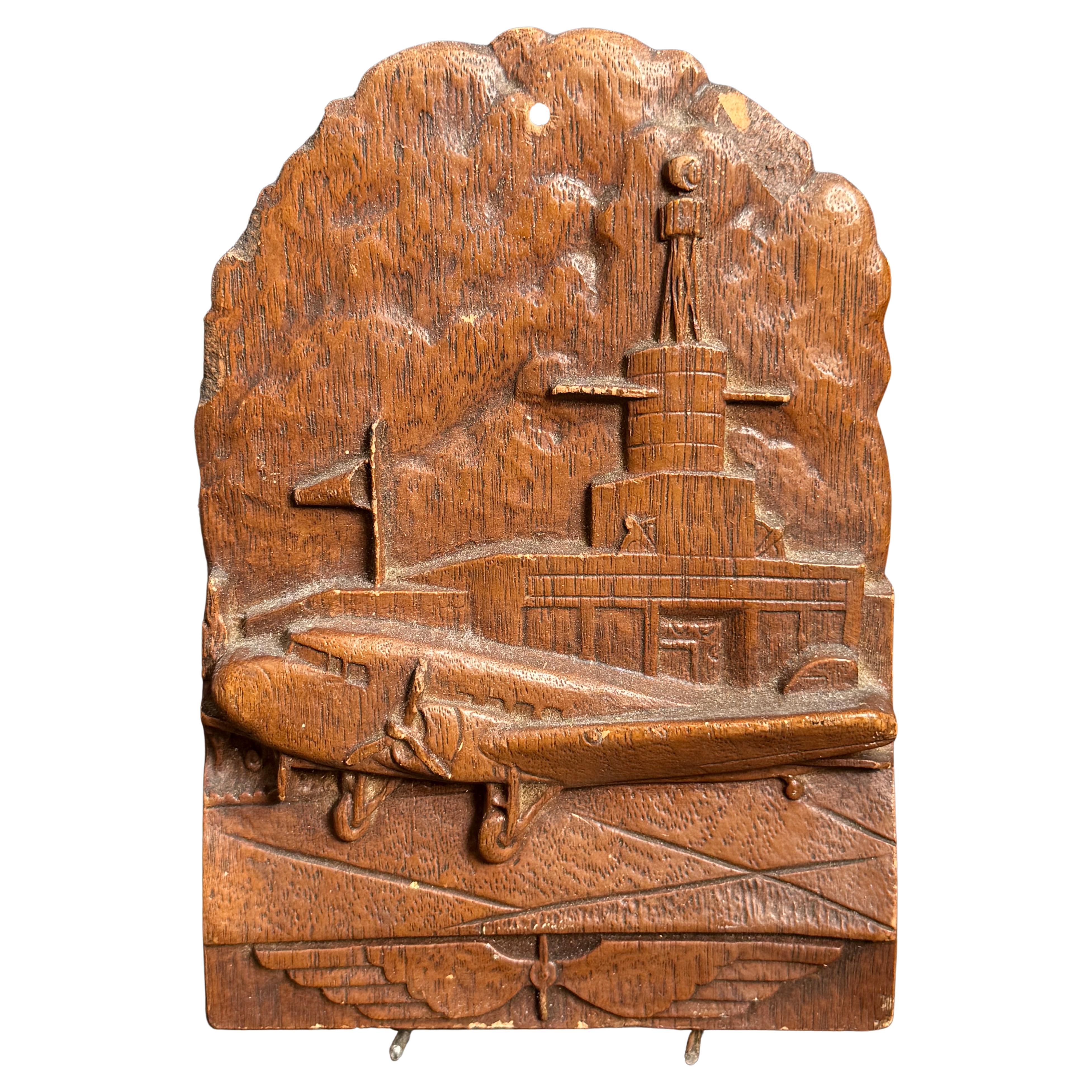 "World War II Plane and Radar Tower", Rare Art Deco Bookend in Faux Mahogany