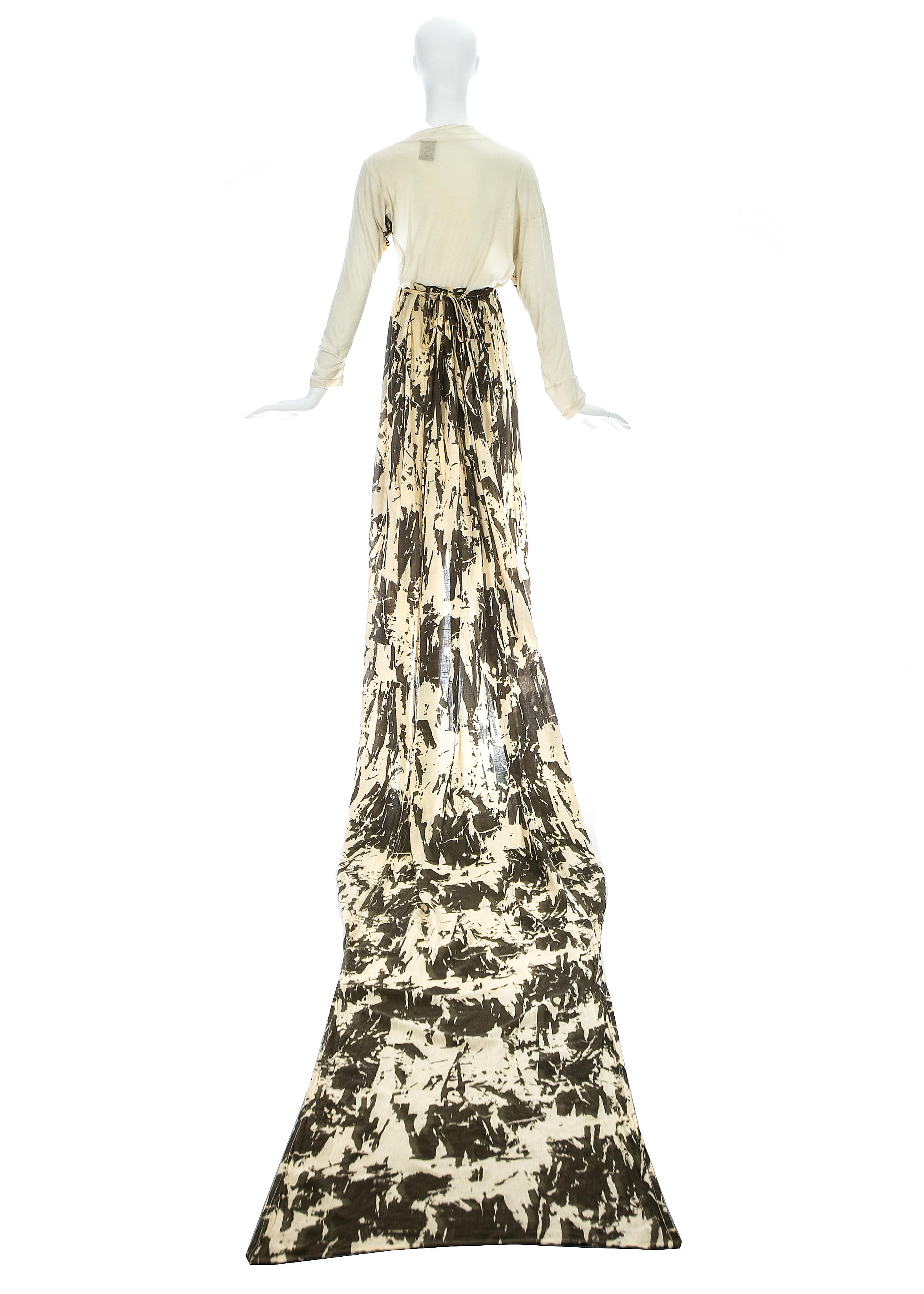 White Worlds End cream and brown acid wash toga dress with extra long train, S/S 1982 For Sale