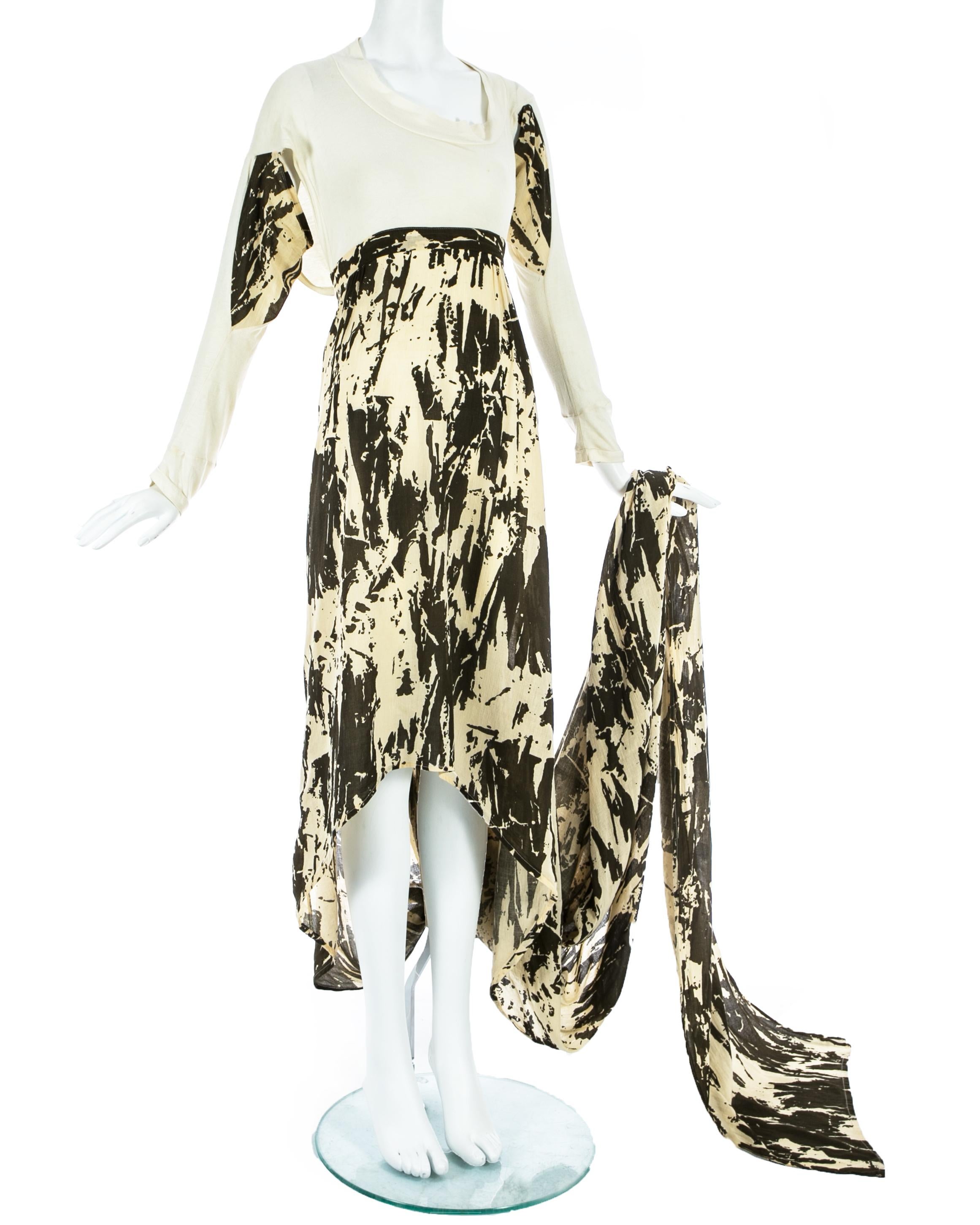 Worlds End cream and brown acid wash toga dress with extra long train, S/S 1982 In Good Condition For Sale In London, GB