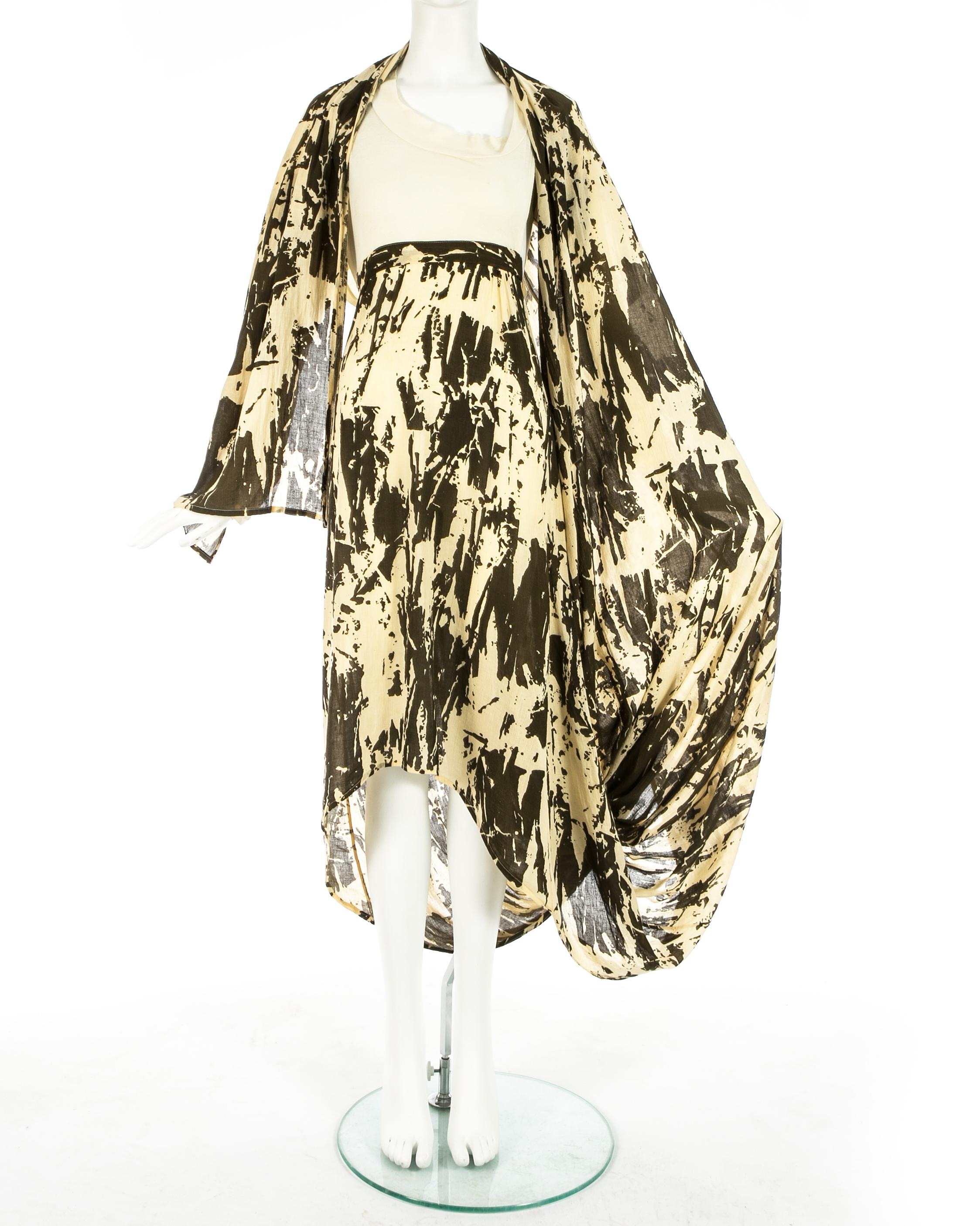 Women's Worlds End cream and brown acid wash toga dress with extra long train, S/S 1982 For Sale