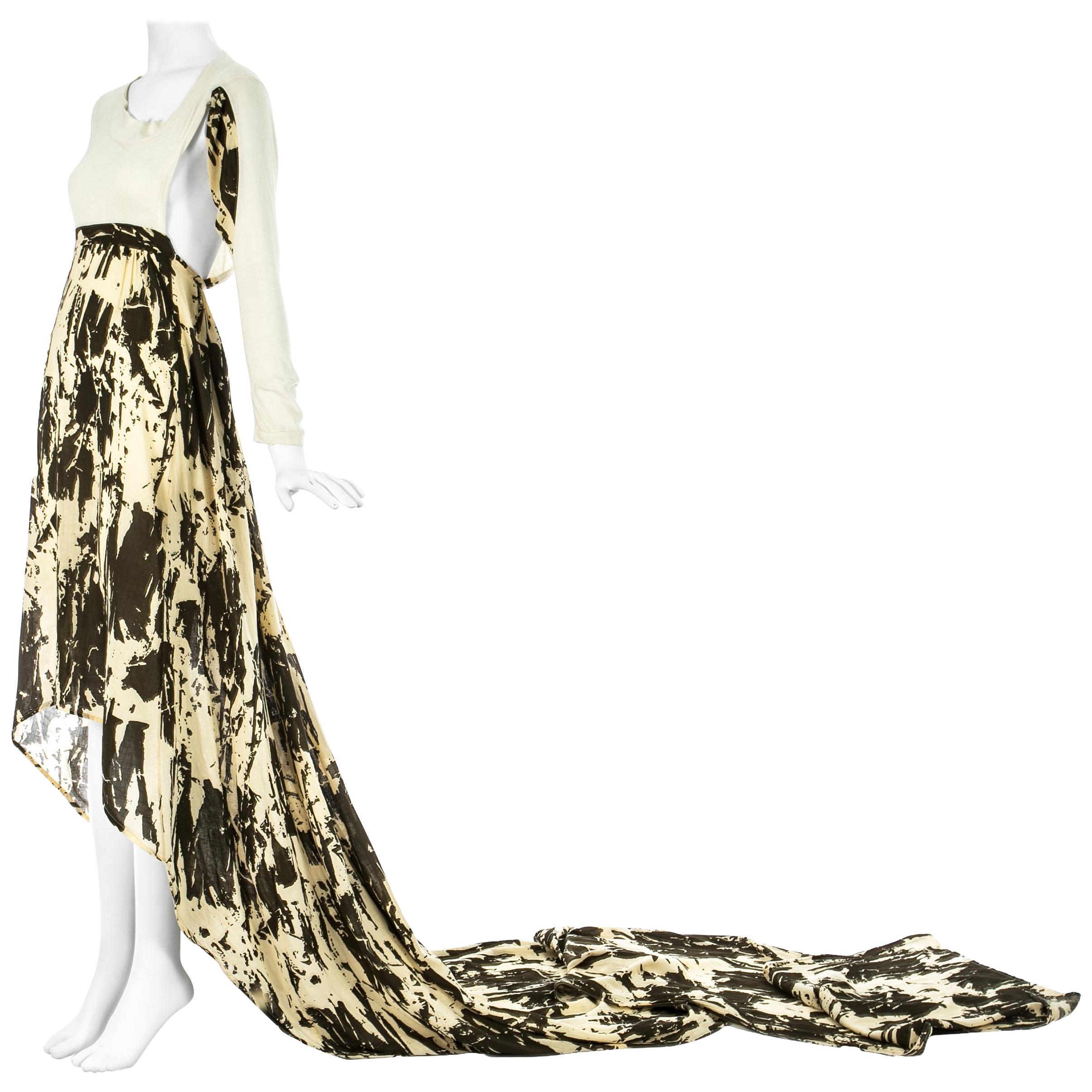 Worlds End cremefarbenes und braunes Toga-Kleid in Acid Wash mit extra langer Schleppe, S/S 1982 im Angebot