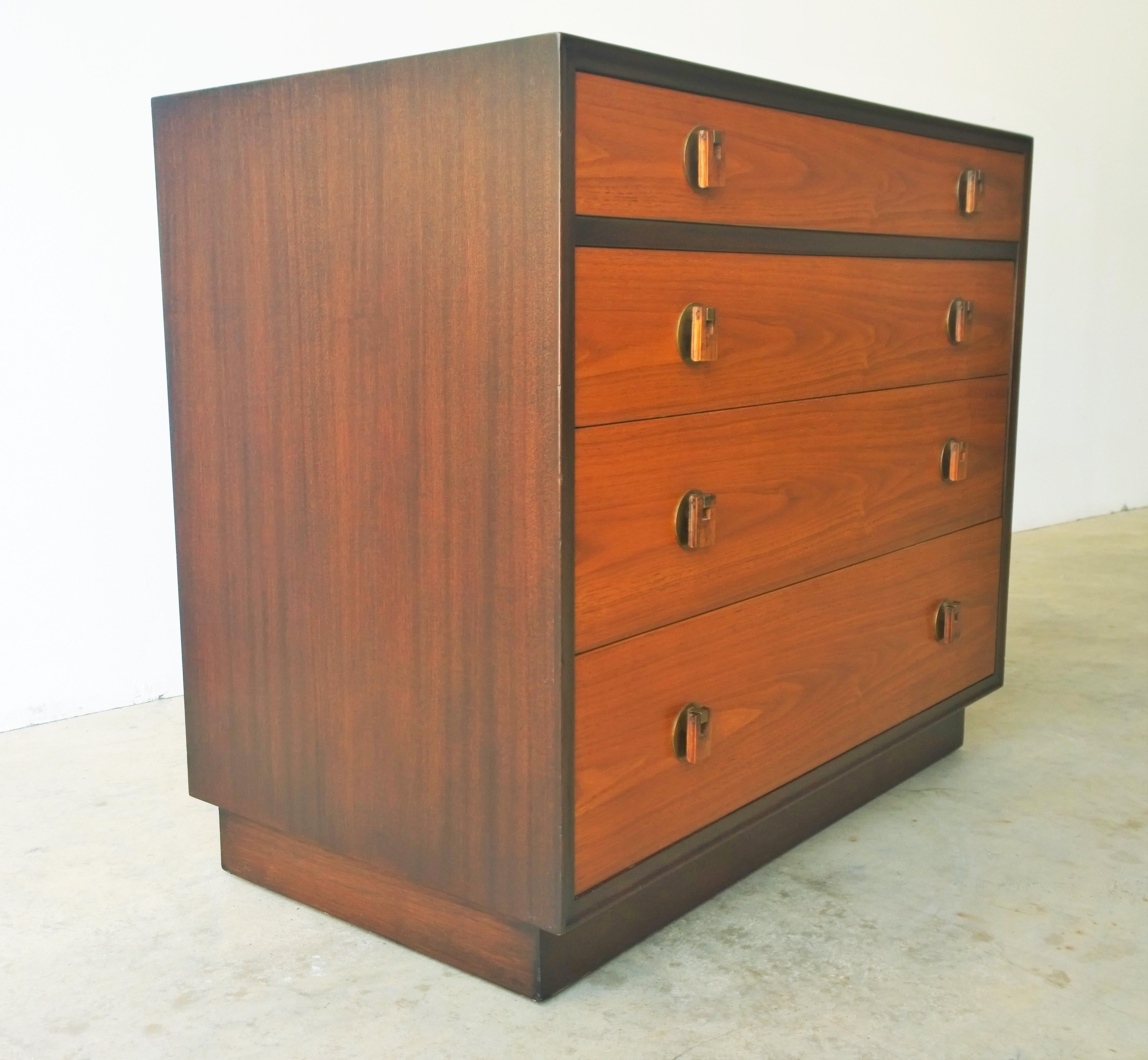 20th Century Wormley / Dunbar Black / Brown Frame / Walnut Drawers and Brass Chest of Drawers For Sale