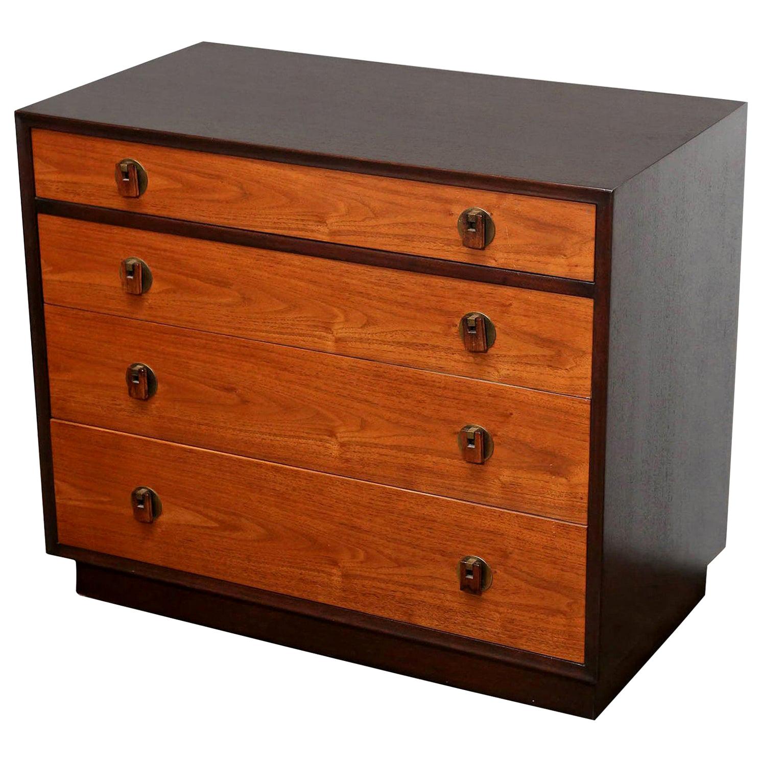Wormley / Dunbar Black / Brown Frame / Walnut Drawers and Brass Chest of Drawers For Sale