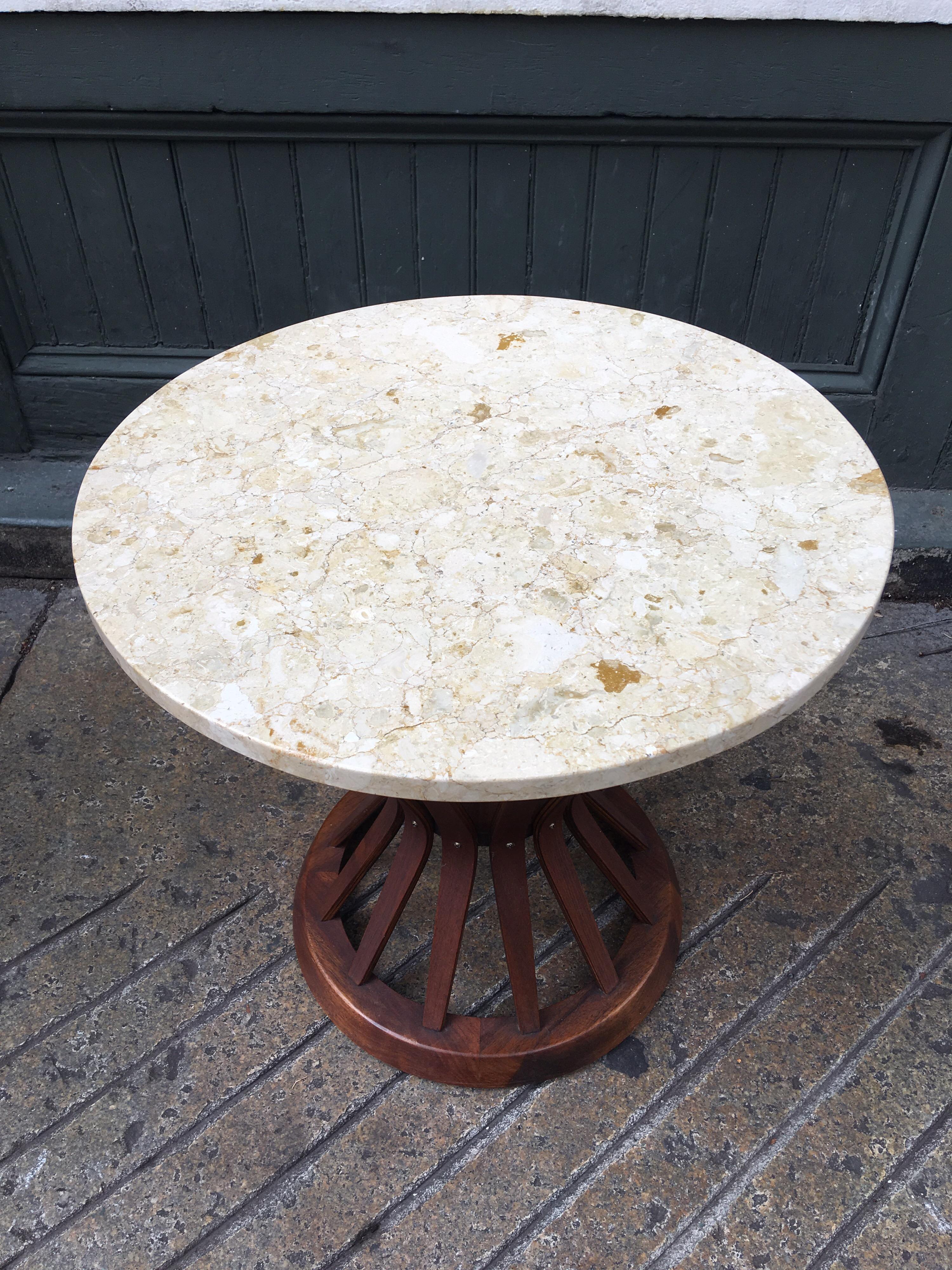 In the style of Edward Wormley for Dunbar marble top side table. Beautiful stone top on a dark walnut base. Very solid and useful size!
