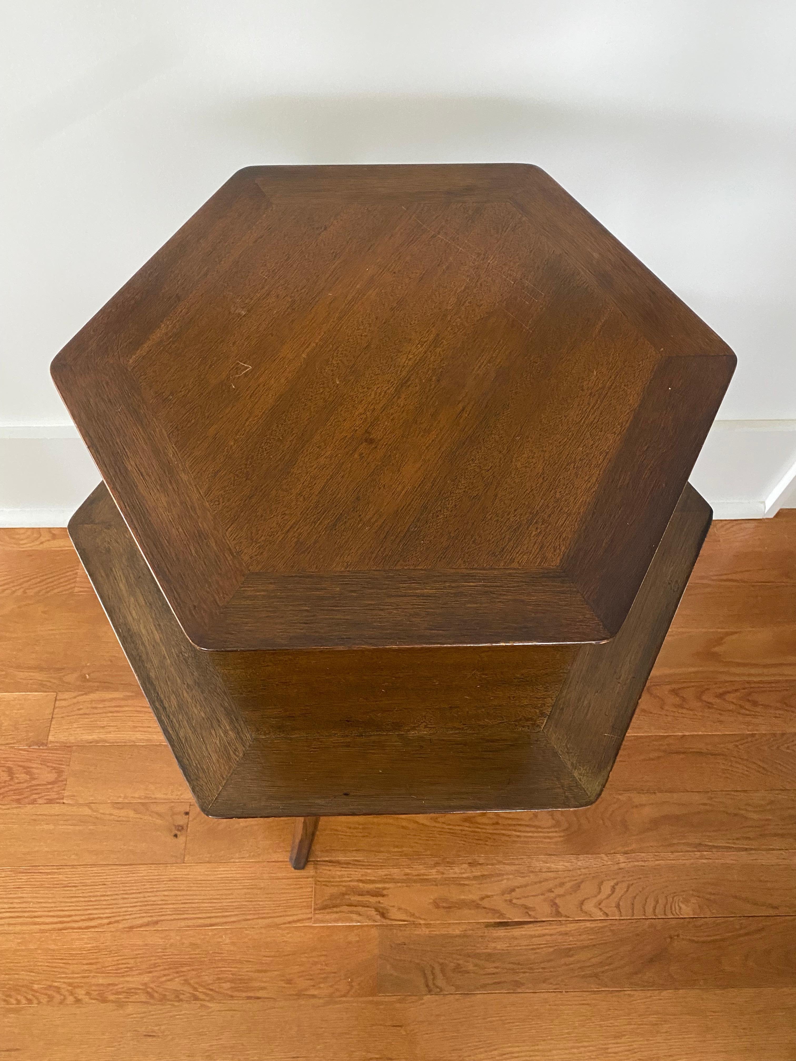 Unusual tiered side table - usually round but this version is hexagonal.
Three splayed legs for a transitional interior.
Labeled underneath with early Dunbar metal tag.