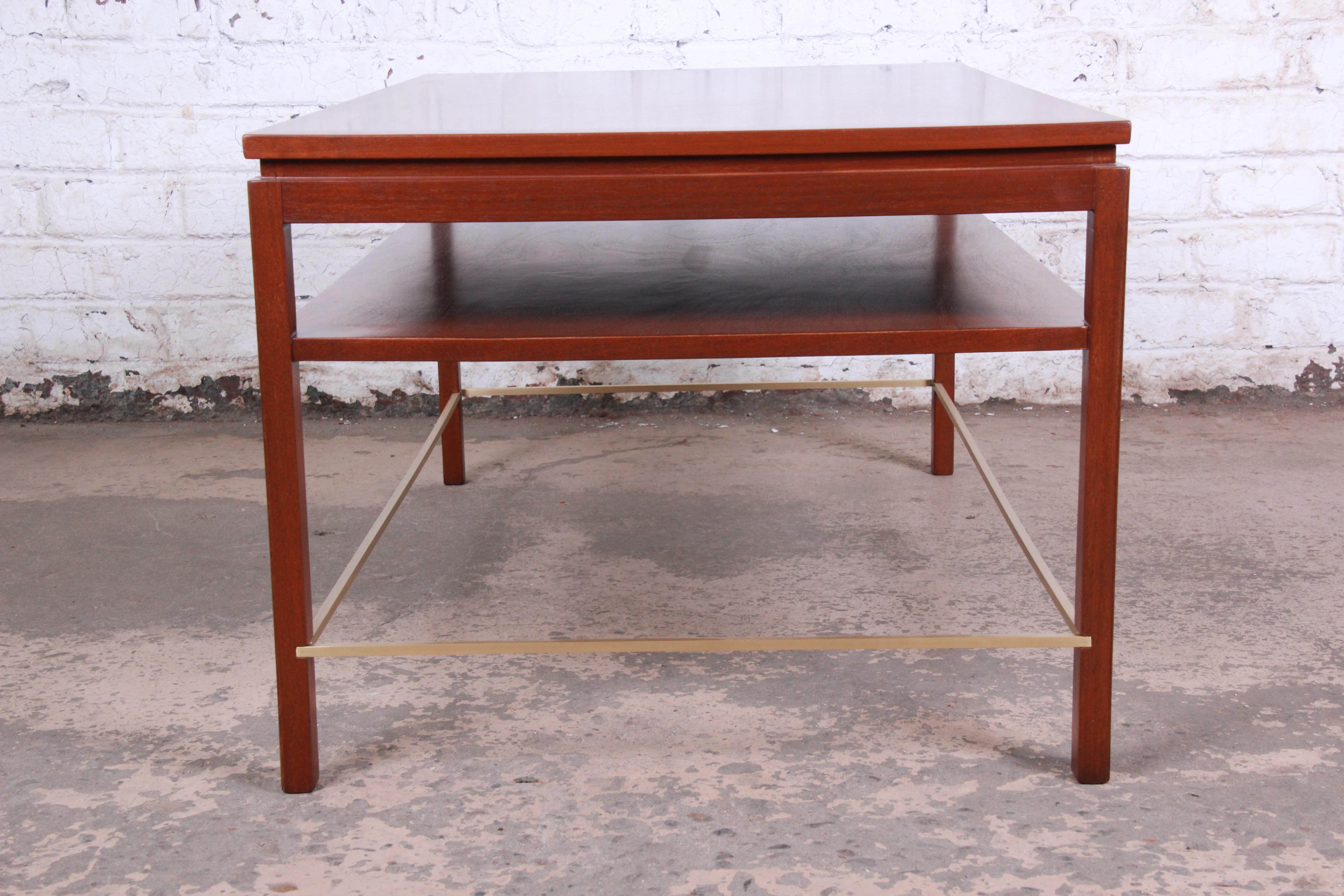 Wormley for Dunbar Two-Tier Walnut and Brass Cocktail Table, Newly Restored 4