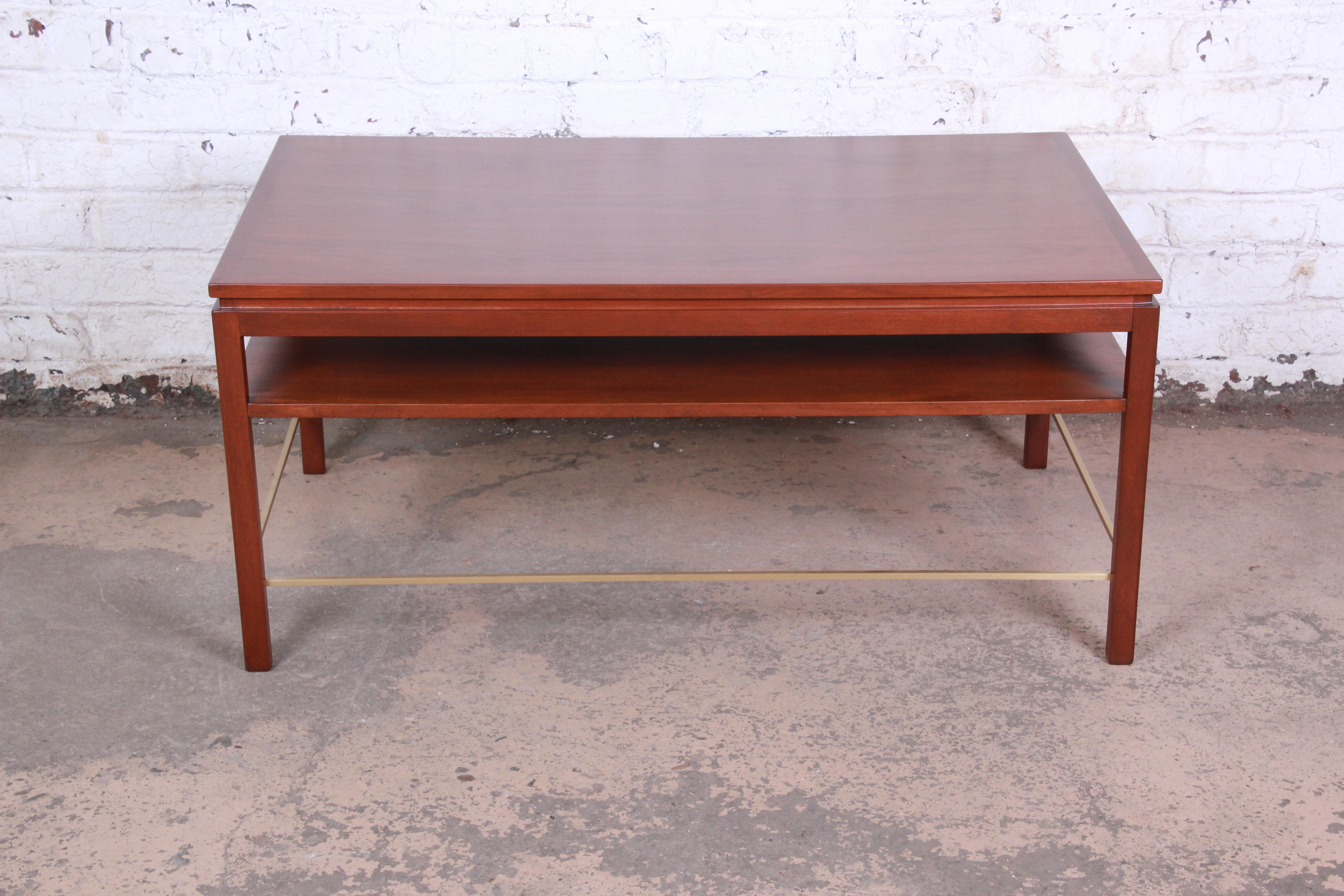 American Wormley for Dunbar Two-Tier Walnut and Brass Cocktail Table, Newly Restored