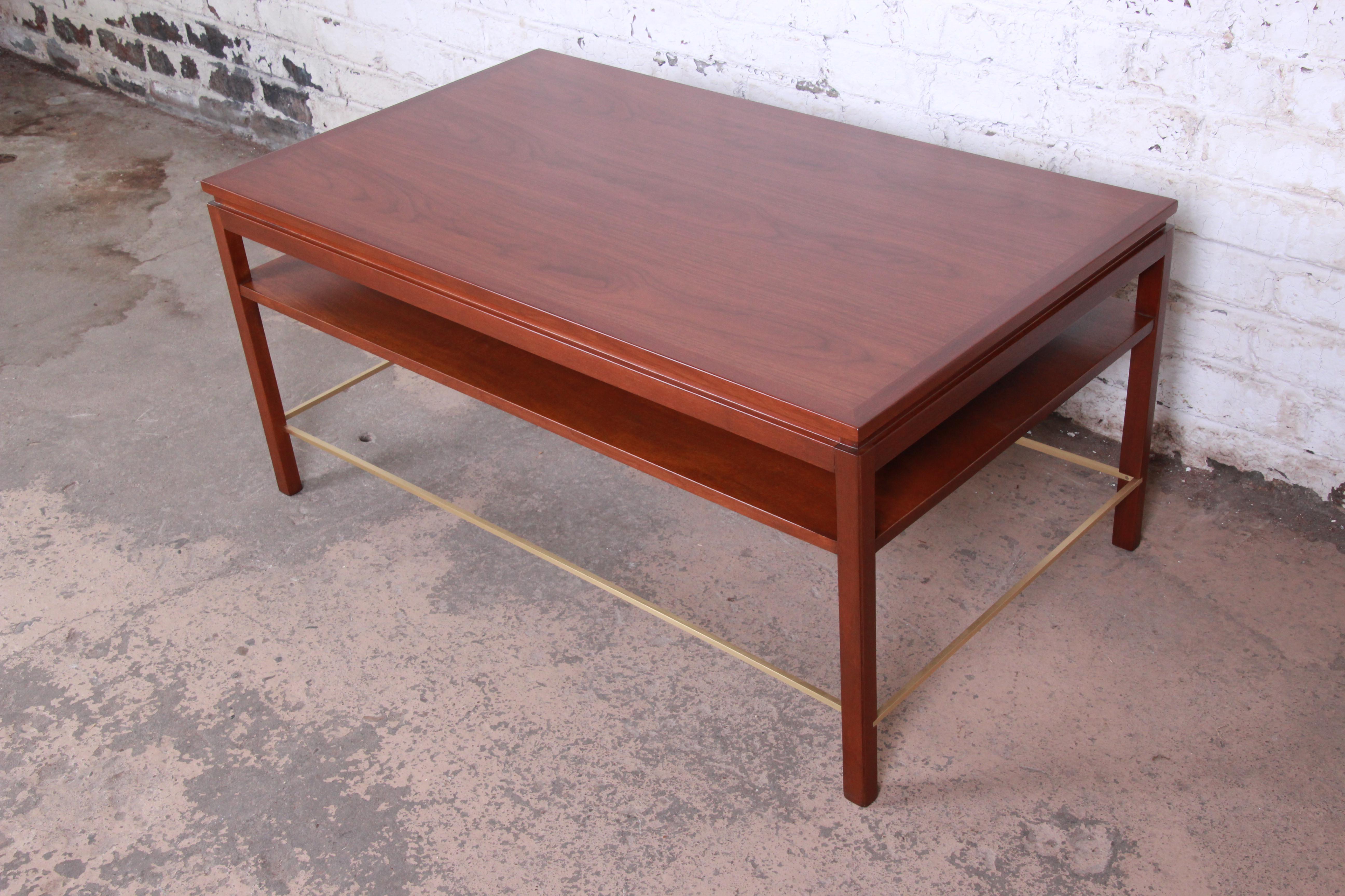 Wormley for Dunbar Two-Tier Walnut and Brass Cocktail Table, Newly Restored In Good Condition In South Bend, IN