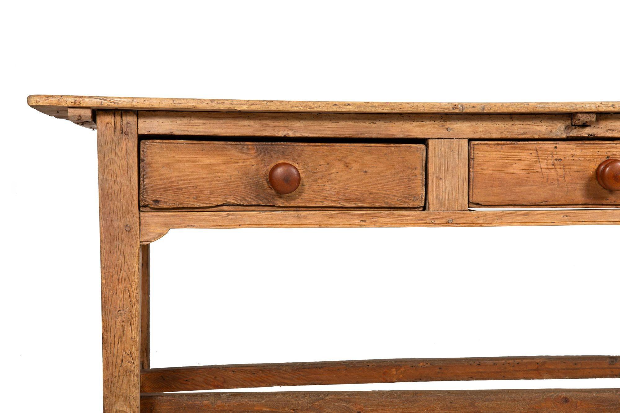 Worn and Patinated English Antique Pine Tavern Table Desk For Sale 1