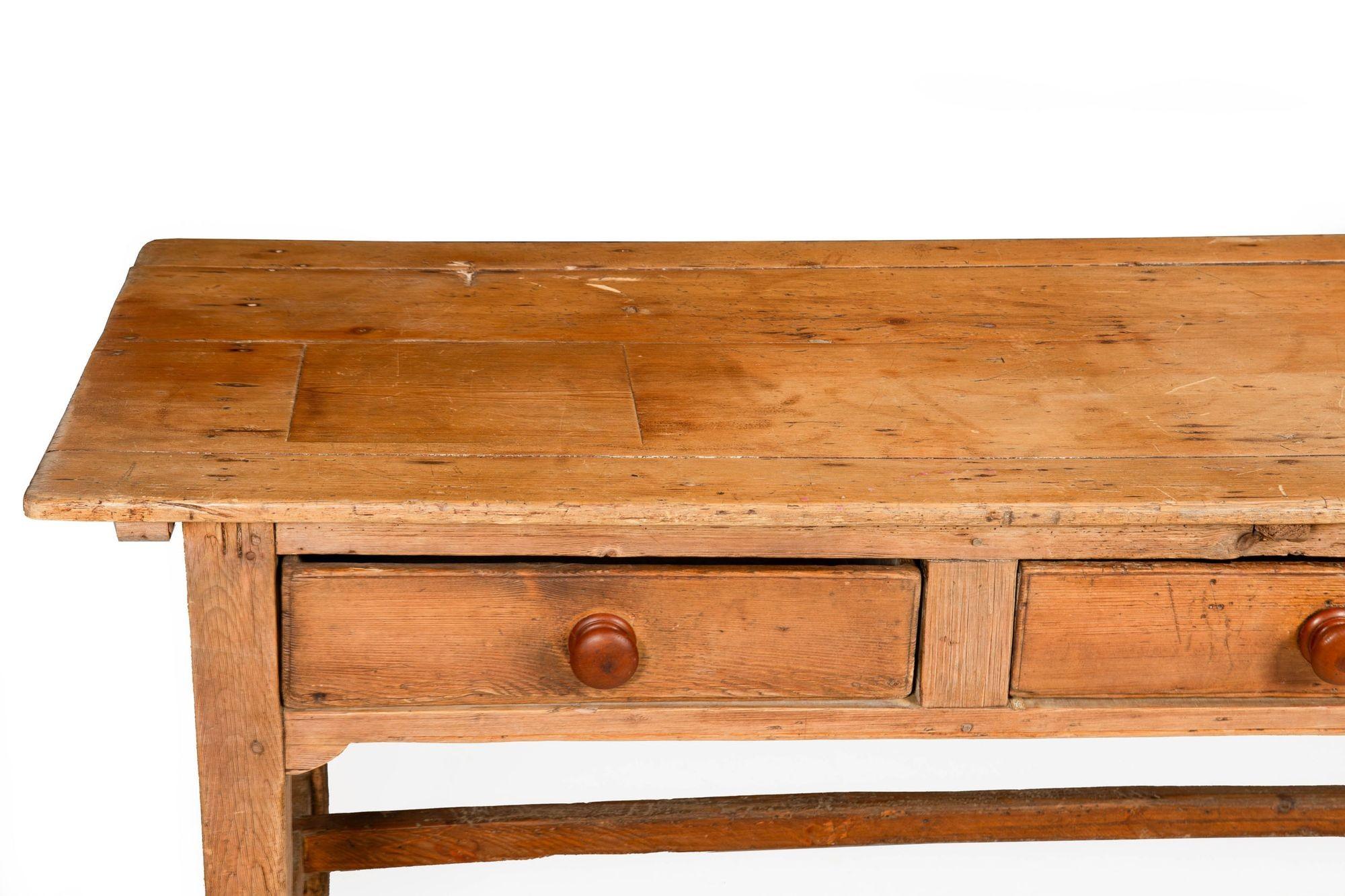 Worn and Patinated English Antique Pine Tavern Table Desk For Sale 3