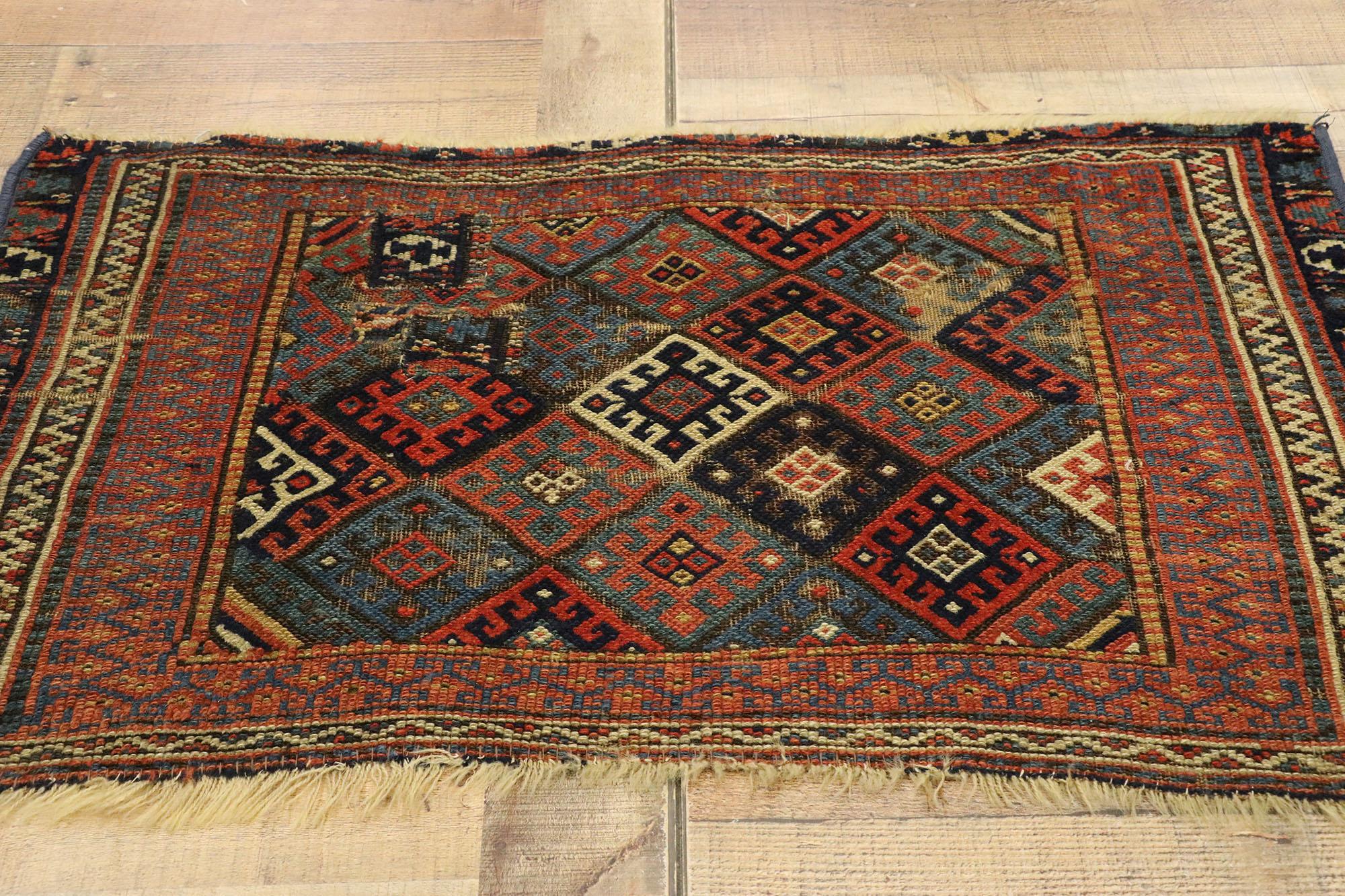 Worn Antique Caucasian Kazak Rug with Tribal Style For Sale 1