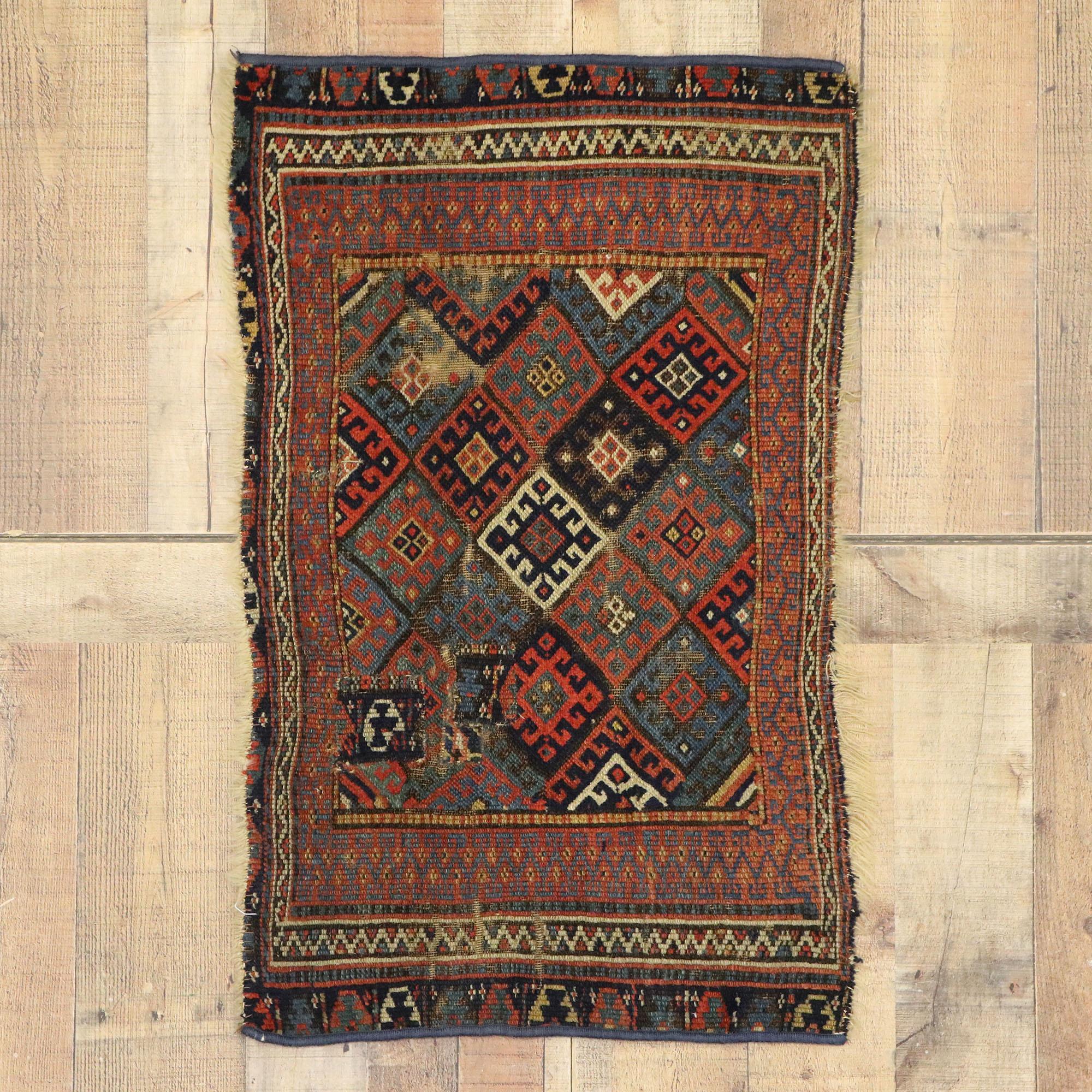 Worn Antique Caucasian Kazak Rug with Tribal Style For Sale 2
