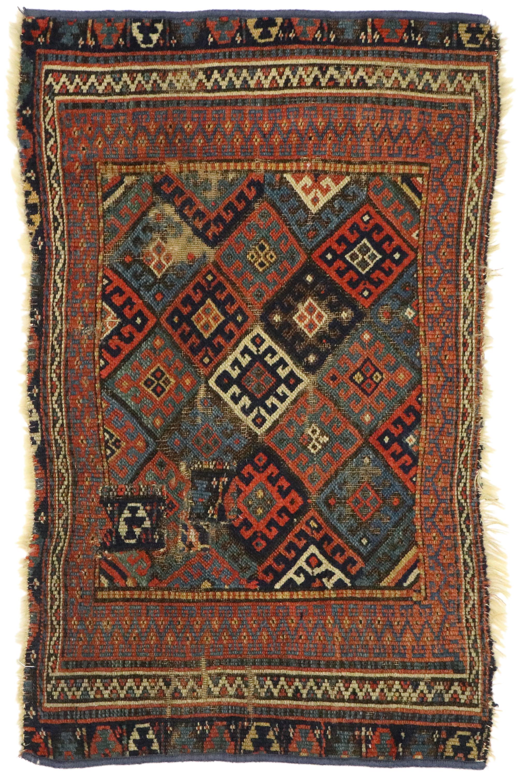 Worn Antique Caucasian Kazak Rug with Tribal Style For Sale 3