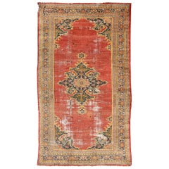 Worn Antique Persian Ziegler Gallery Rug with Central Medallion in Red, Green