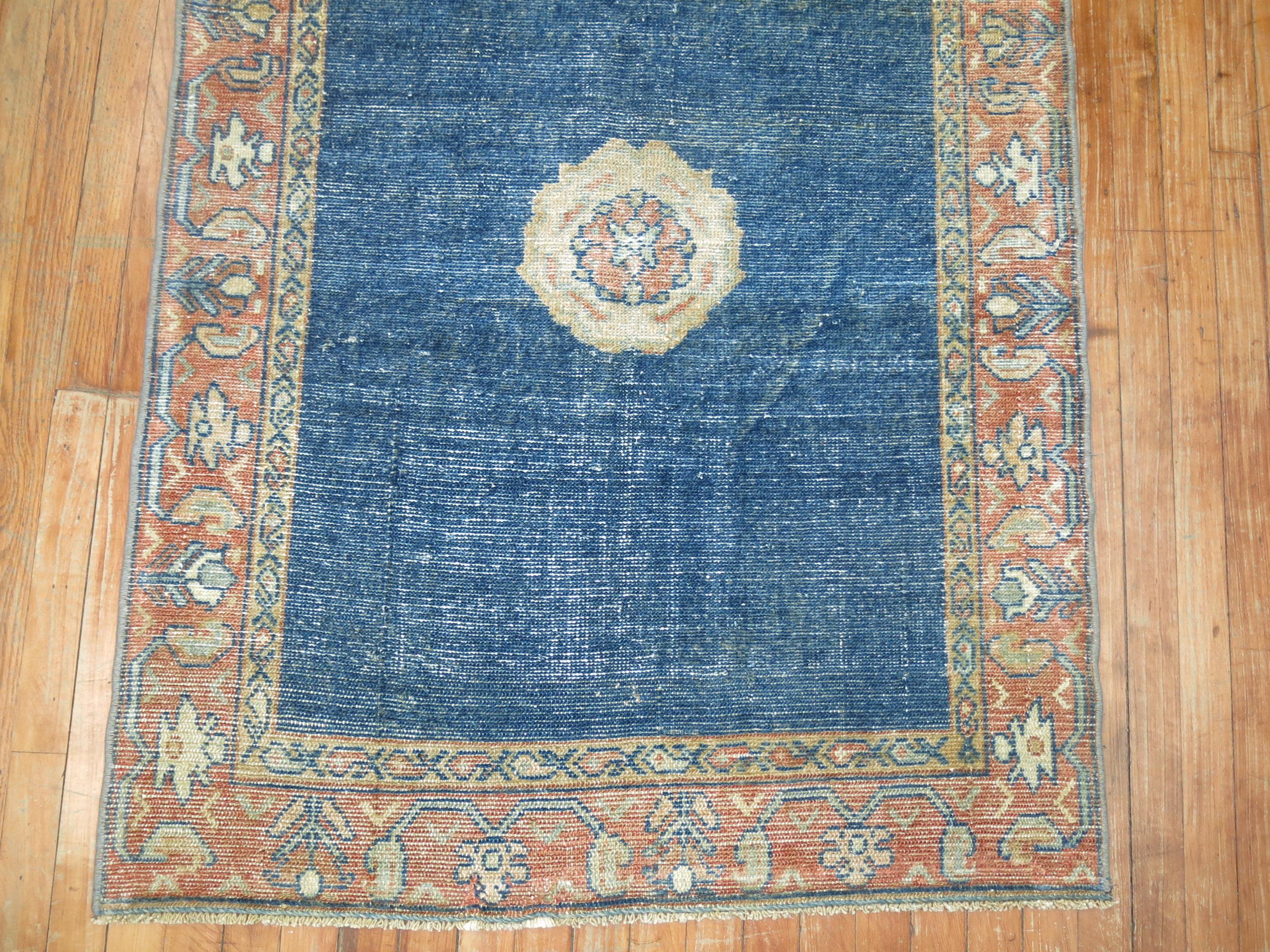 Hand-Knotted Worn Blue Antique Persian Runner For Sale