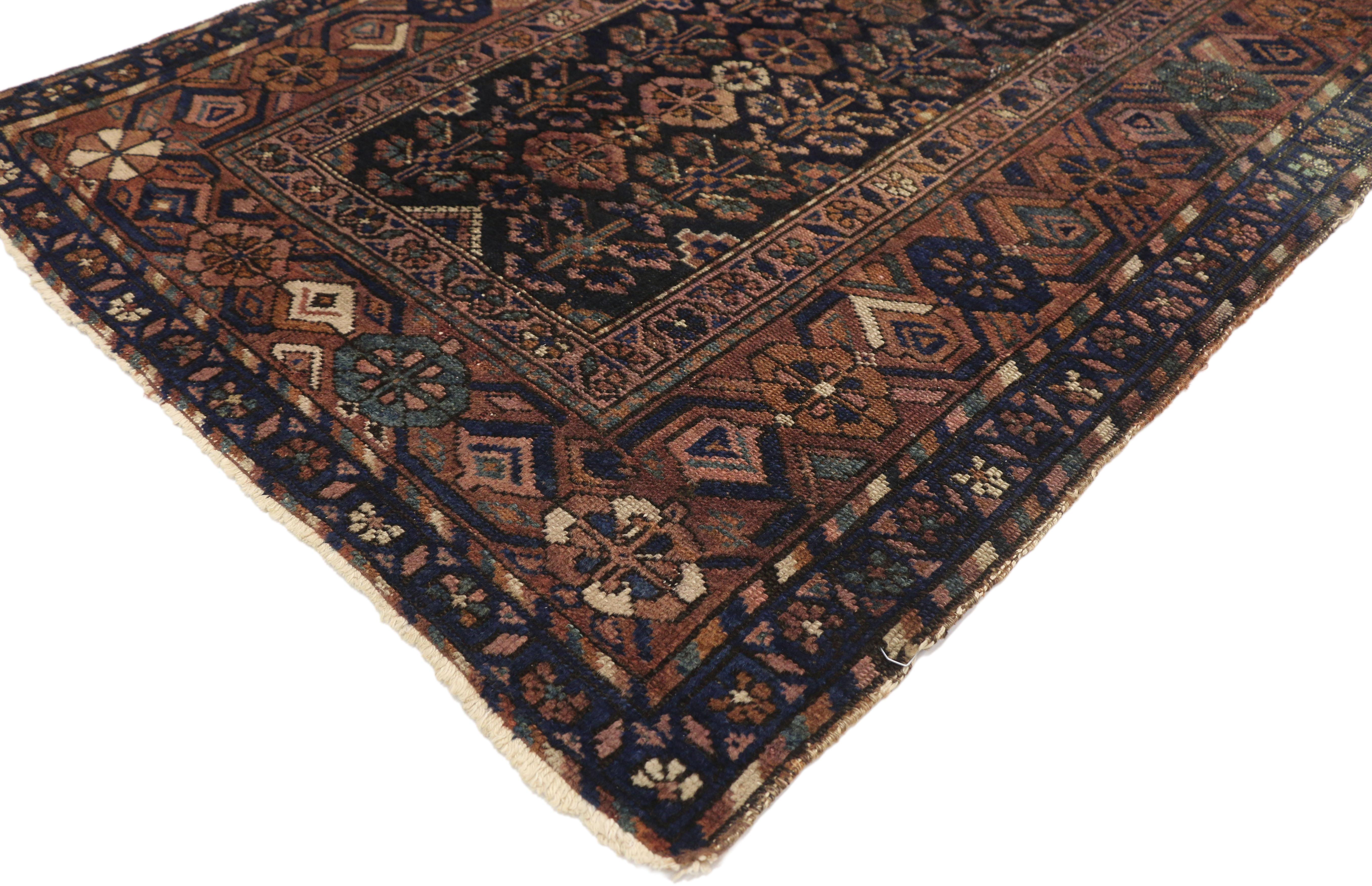73071 Worn-In Distressed Antique Persian Hamadan Accent Rug with Modern Rustic Style 03'05 x 06'00. With its perfectly worn-in charm and edgy elements, this distressed antique Persian Hamadan rug will create a warm, lived-in look and take on a
