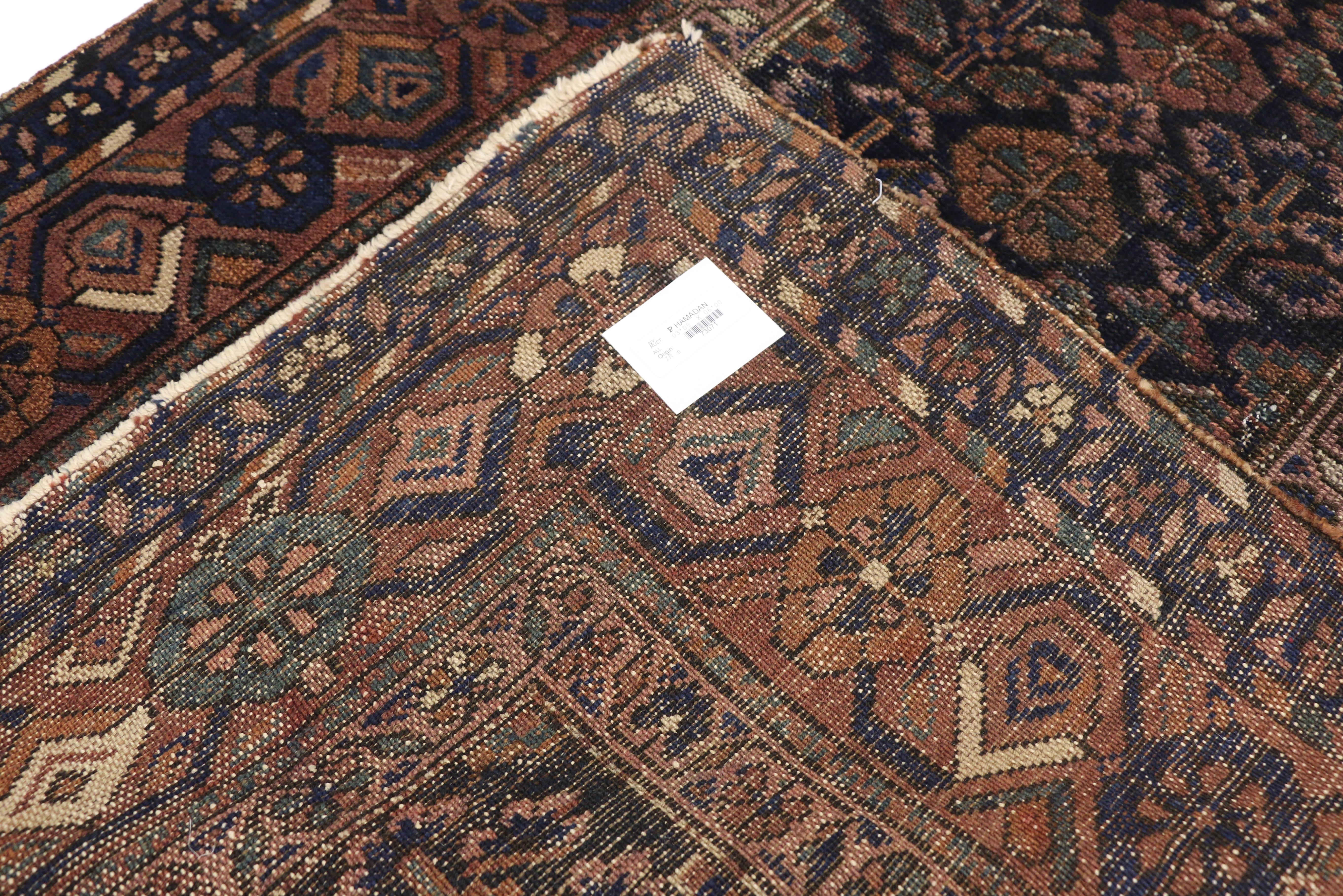 Worn-In Distressed Antique Persian Hamadan Accent Rug with Modern Rustic Style In Distressed Condition For Sale In Dallas, TX