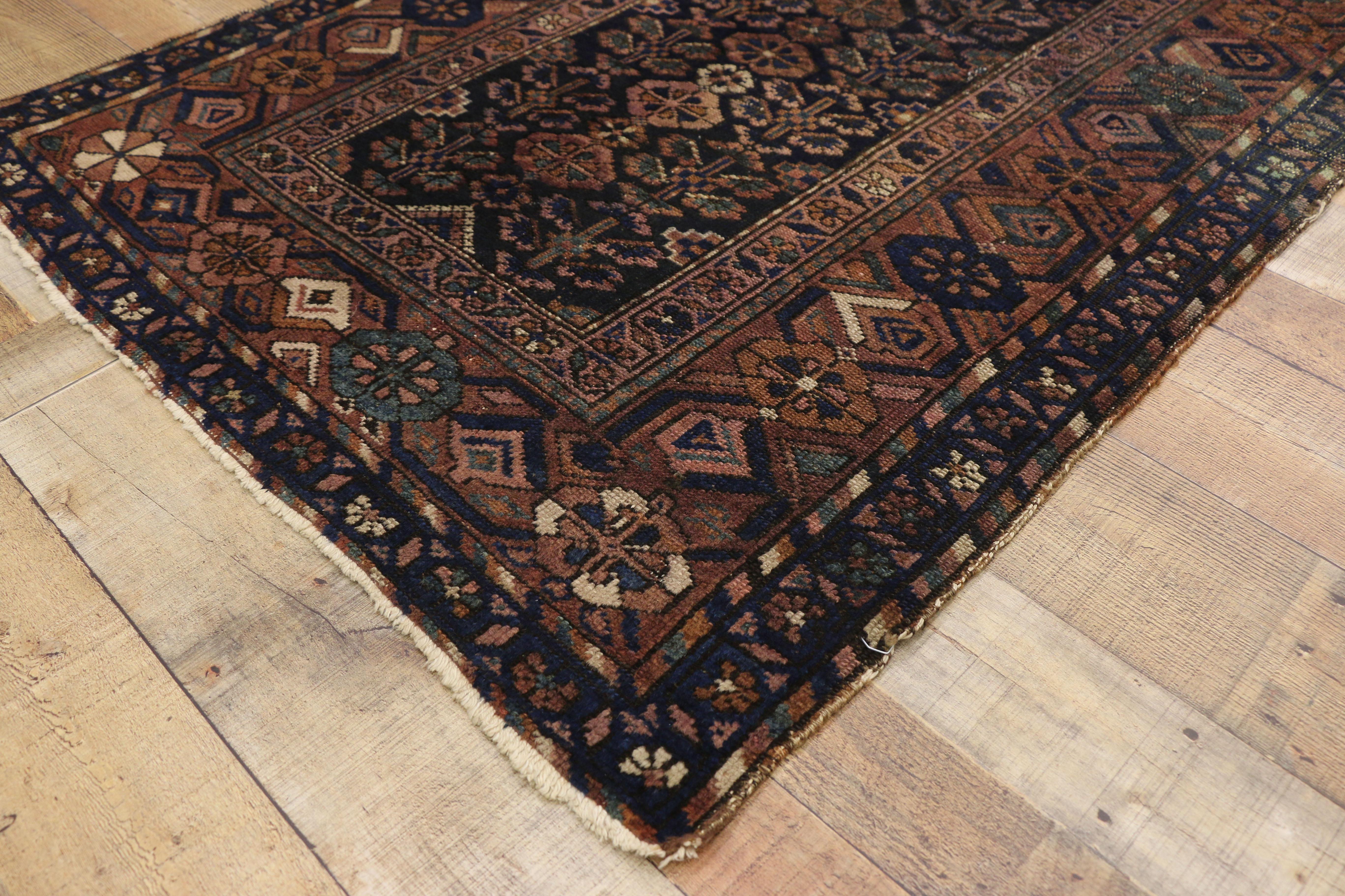 20th Century Worn-In Distressed Antique Persian Hamadan Accent Rug with Modern Rustic Style For Sale