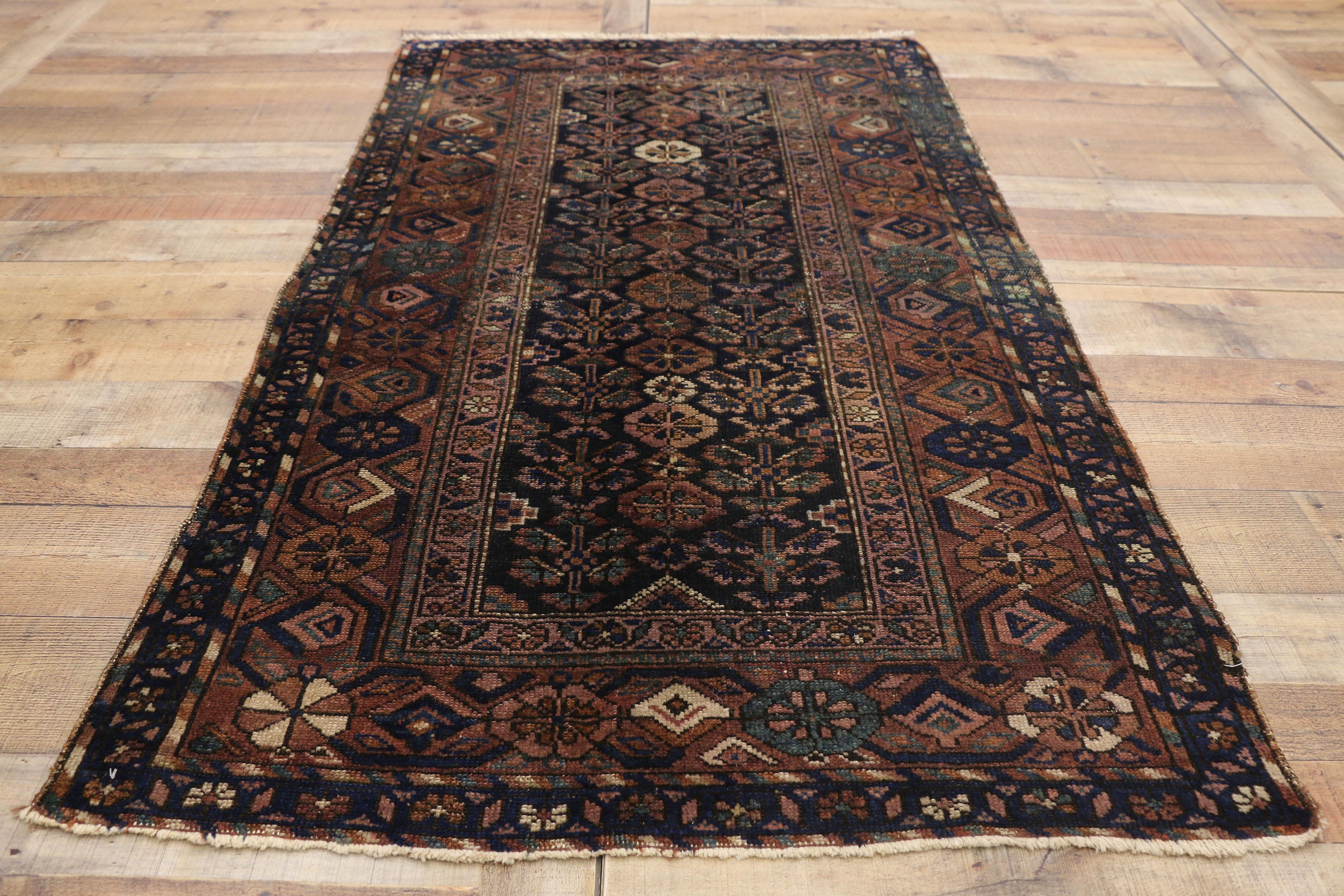 Wool Worn-In Distressed Antique Persian Hamadan Accent Rug with Modern Rustic Style For Sale