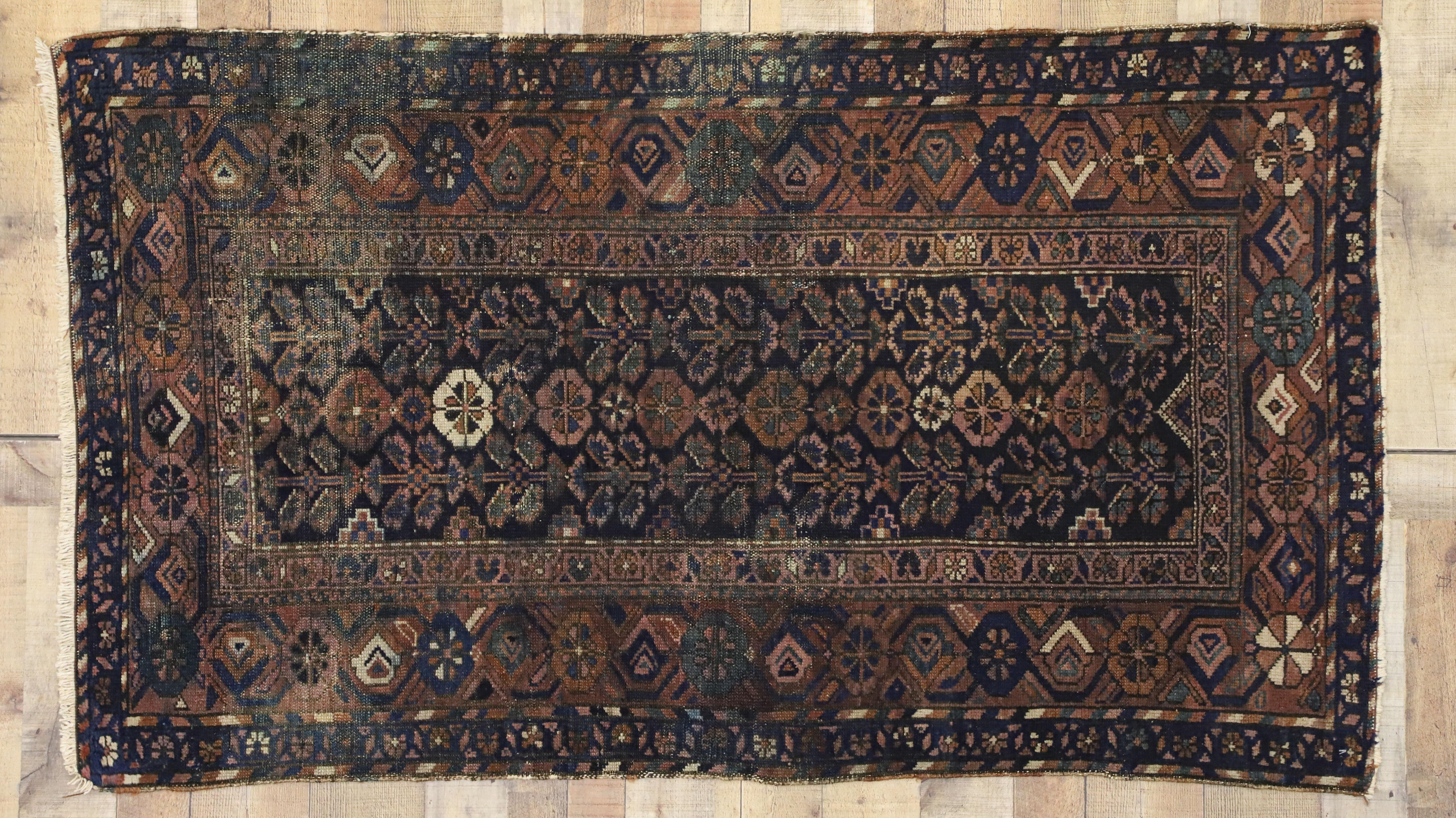 Worn-In Distressed Antique Persian Hamadan Accent Rug with Modern Rustic Style For Sale 1