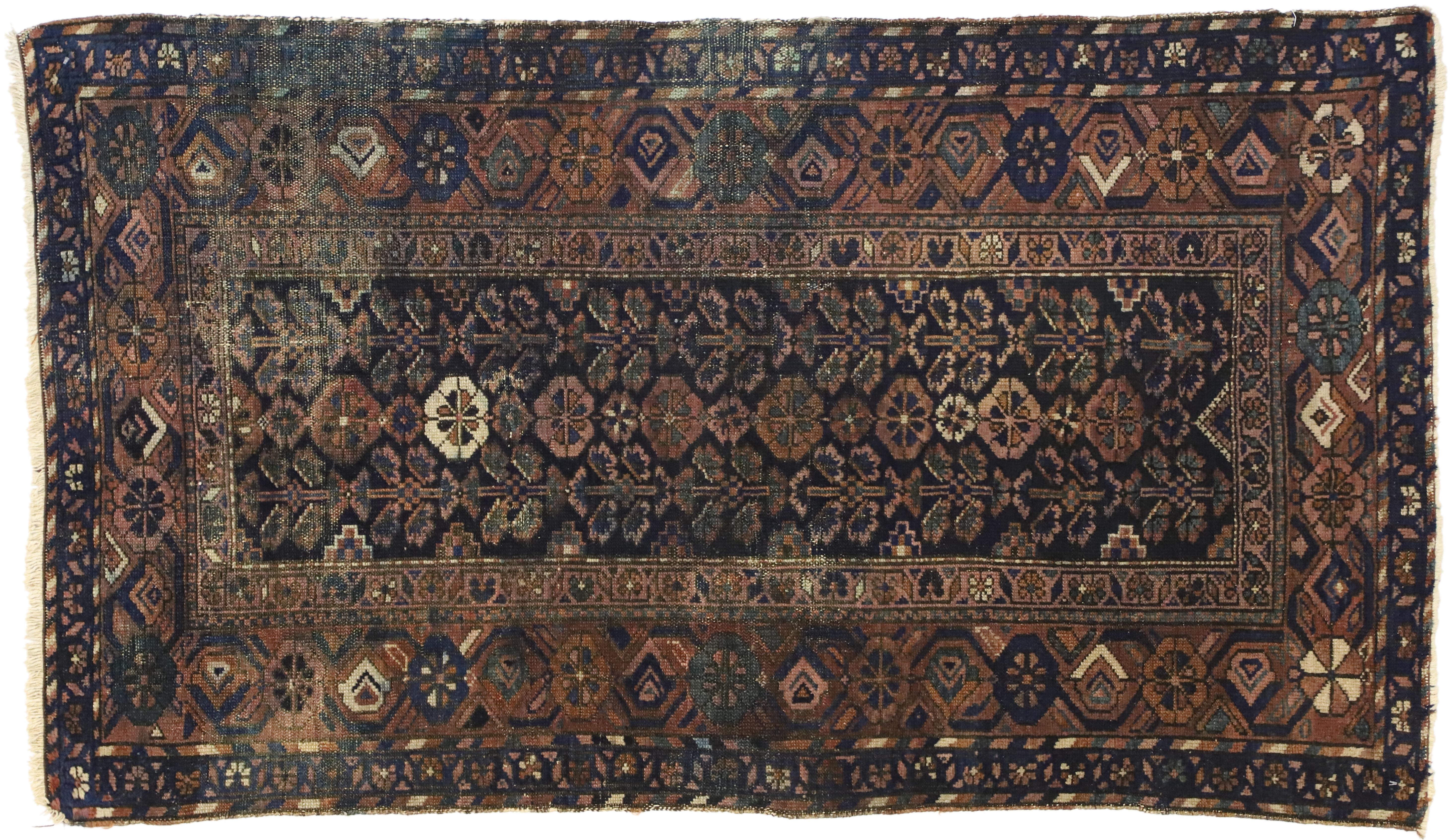 Worn-In Distressed Antique Persian Hamadan Accent Rug with Modern Rustic Style For Sale 2