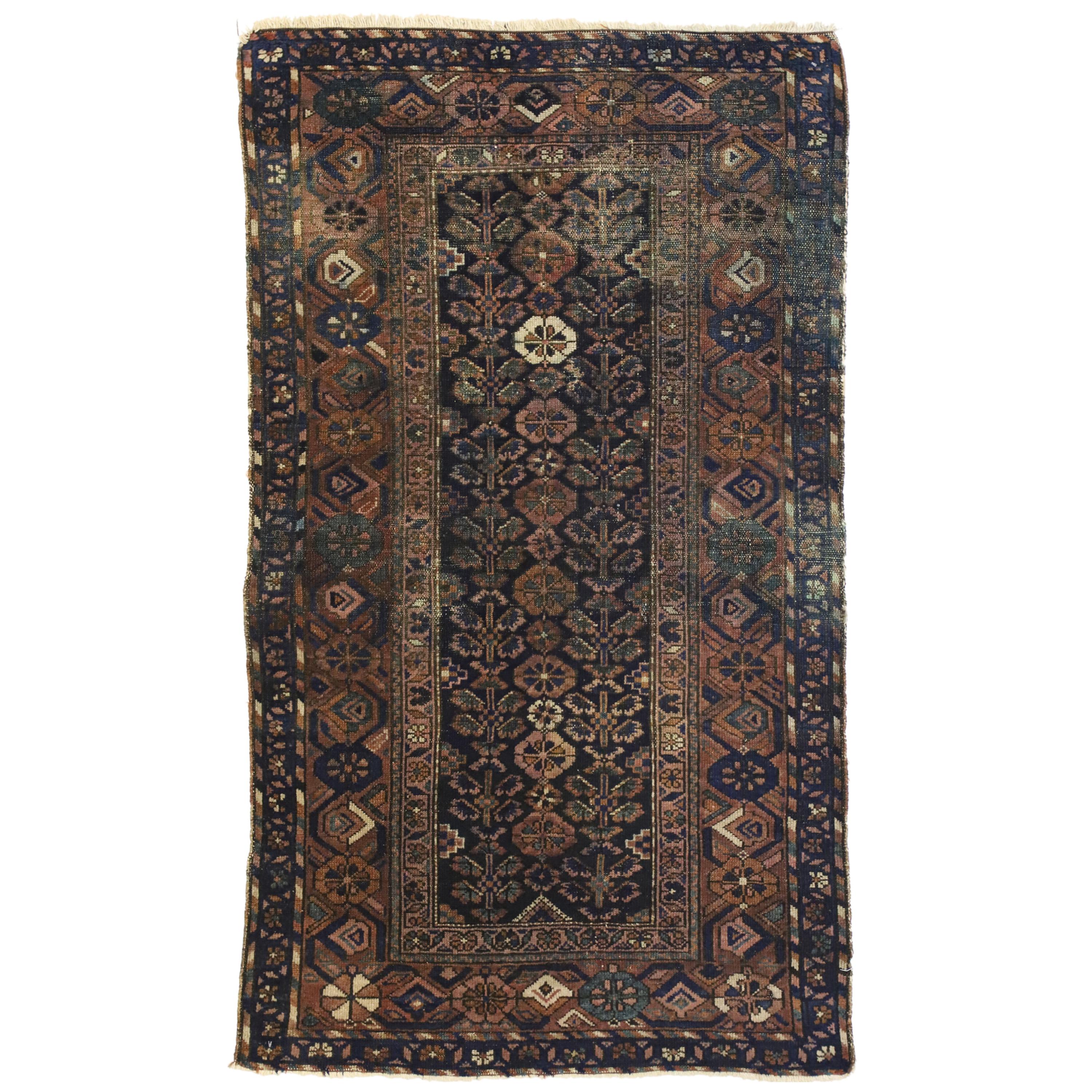 Worn-In Distressed Antique Persian Hamadan Accent Rug with Modern Rustic Style For Sale