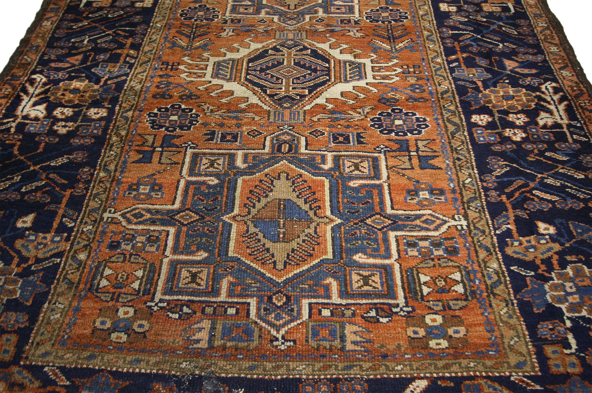 Hand-Knotted Worn-In Distressed Antique Persian Karaja Heriz Rug with Rustic Style For Sale