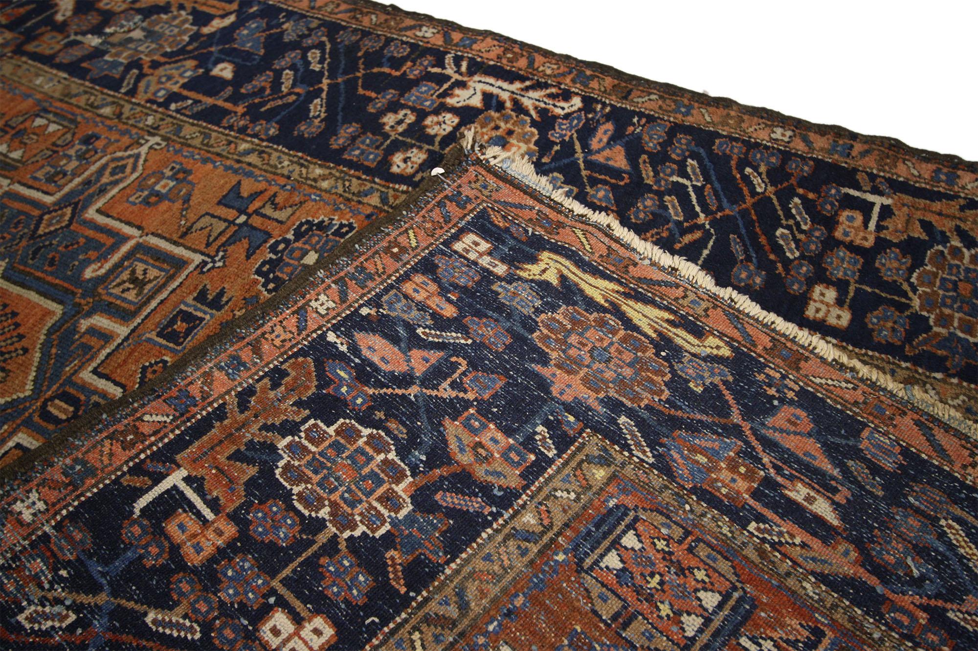 Worn-In Distressed Antique Persian Karaja Heriz Rug with Rustic Style In Distressed Condition For Sale In Dallas, TX