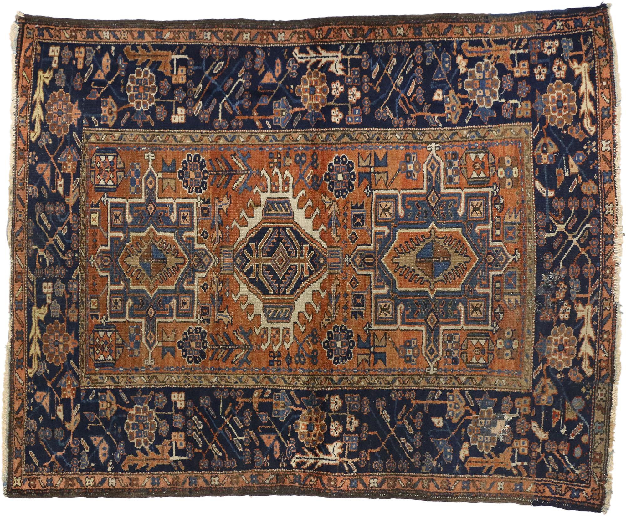 20th Century Worn-In Distressed Antique Persian Karaja Heriz Rug with Rustic Style For Sale