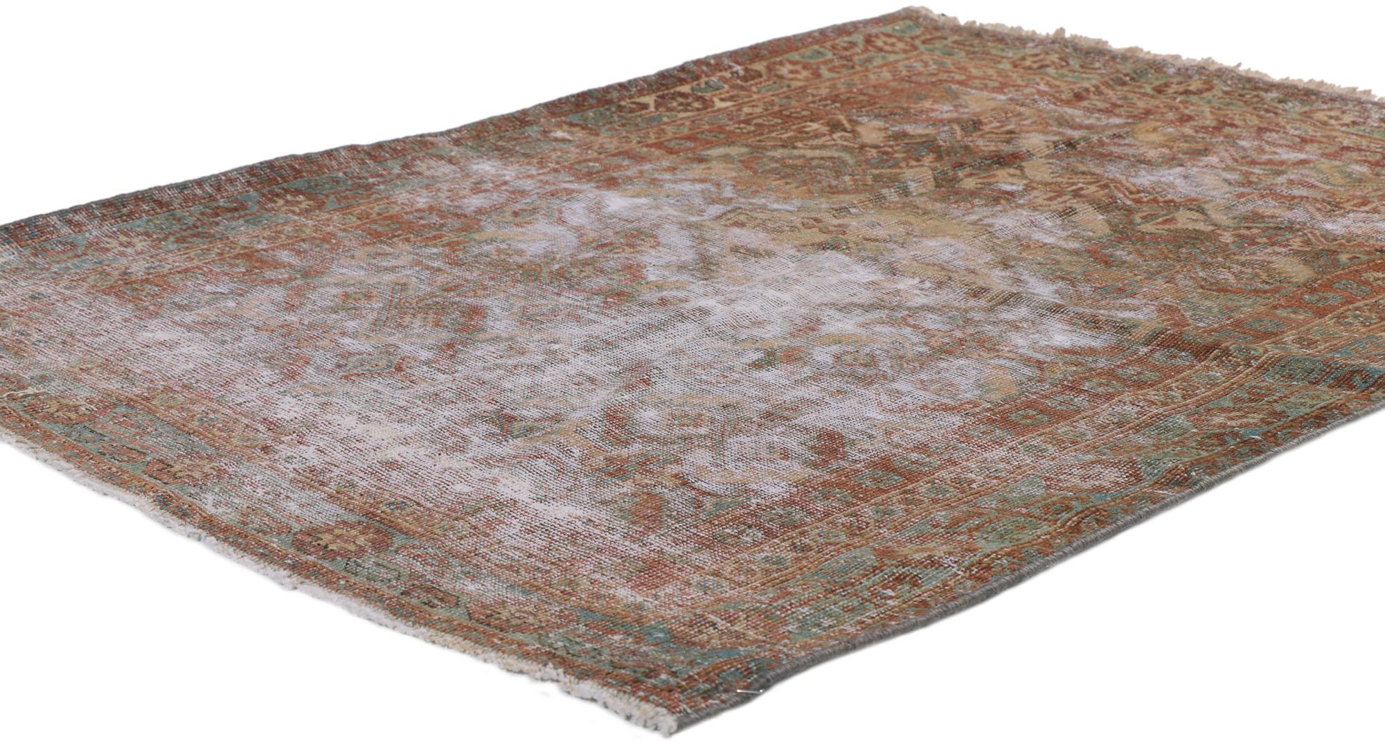 60976 Worn-In Distressed Antique Persian Mahal Rug 03'02 x 04'00. Emanating sophistication and nomadic charm with rustic sensibility, this hand knotted wool distressed antique Persian Mahal rug beautifully embodies a modern style. The lovingly