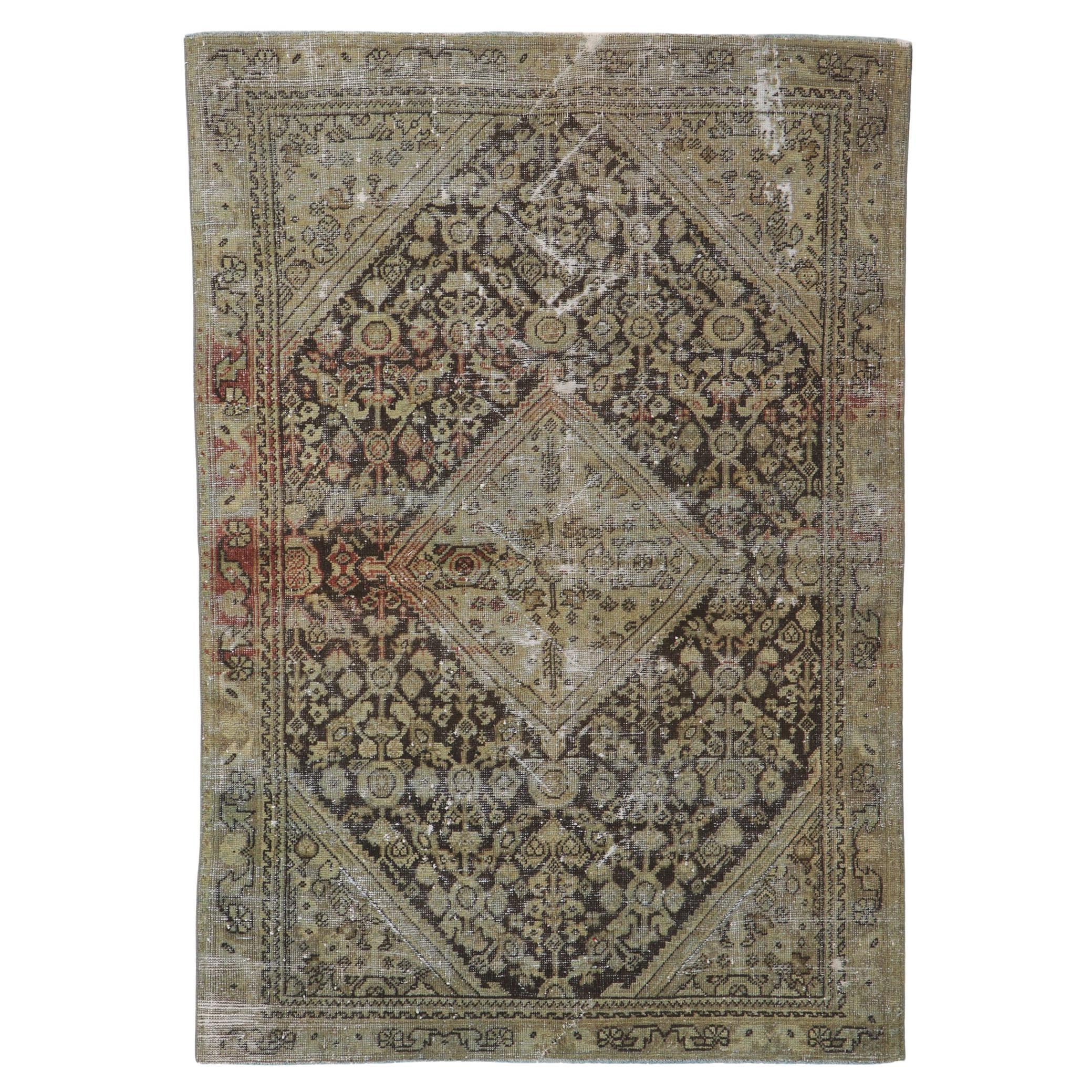 Worn-In Distressed Antique Persian Mahal Rug For Sale