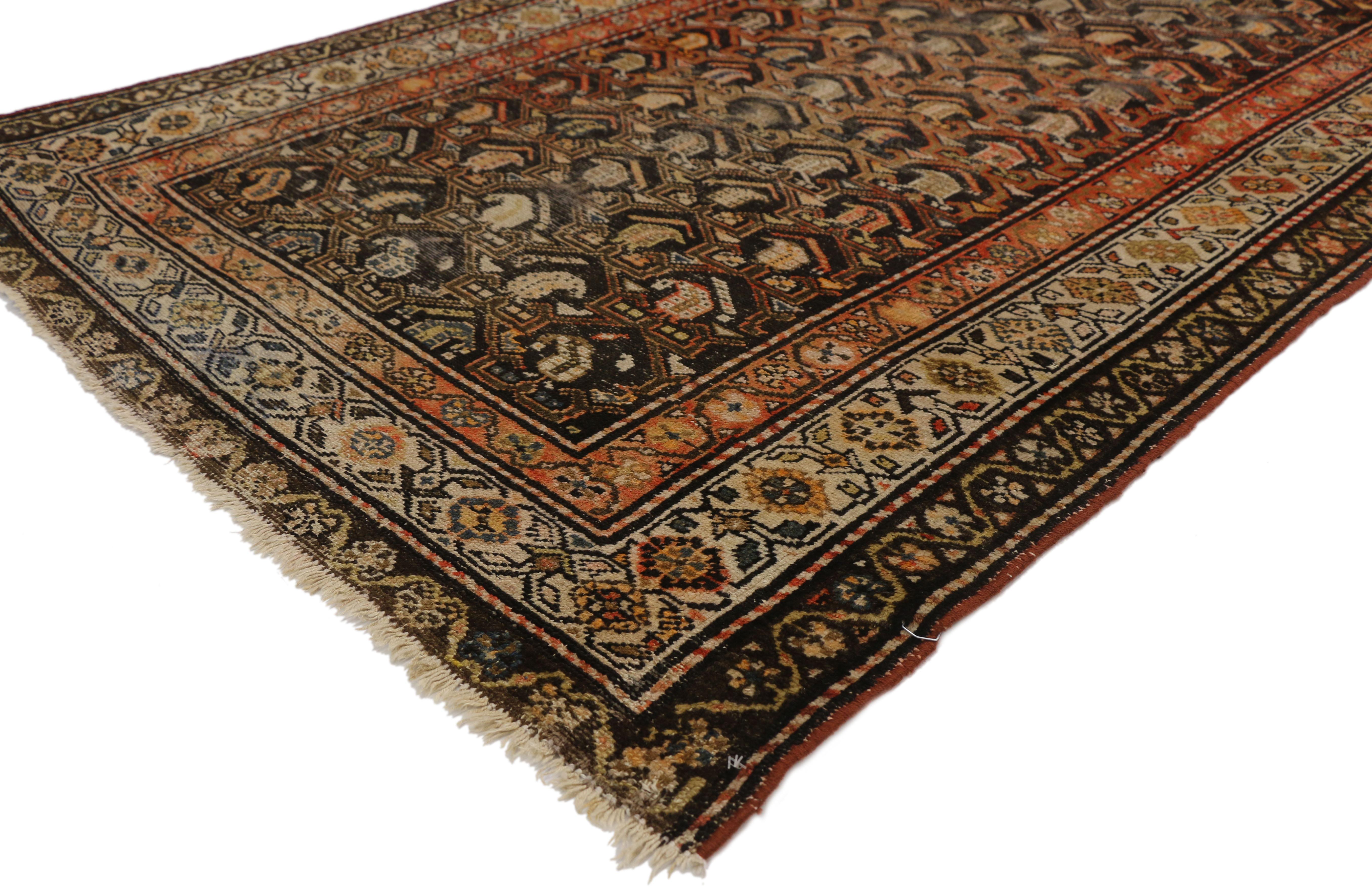 74029 Worn-In Distressed Antique Persian Malayer Rug with Adirondack Lodge Style 03'10 x 06'10. This hand knotted wool distressed antique Persian Malayer rug with rustic Adirondack style features an all-over repeating boteh motif design. The boteh