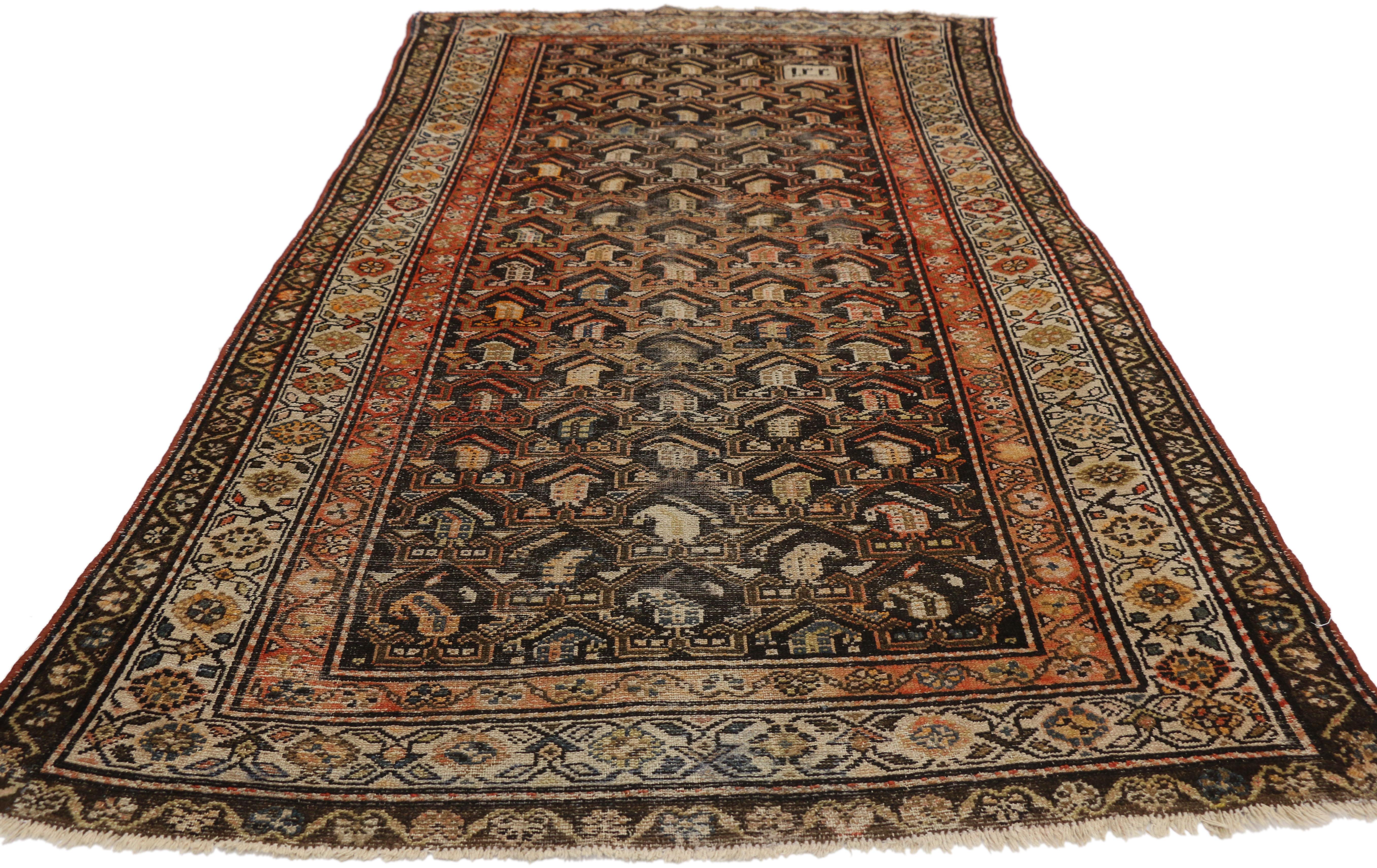 Hand-Knotted Worn-In Distressed Antique Persian Malayer Rug with Adirondack Lodge Style For Sale