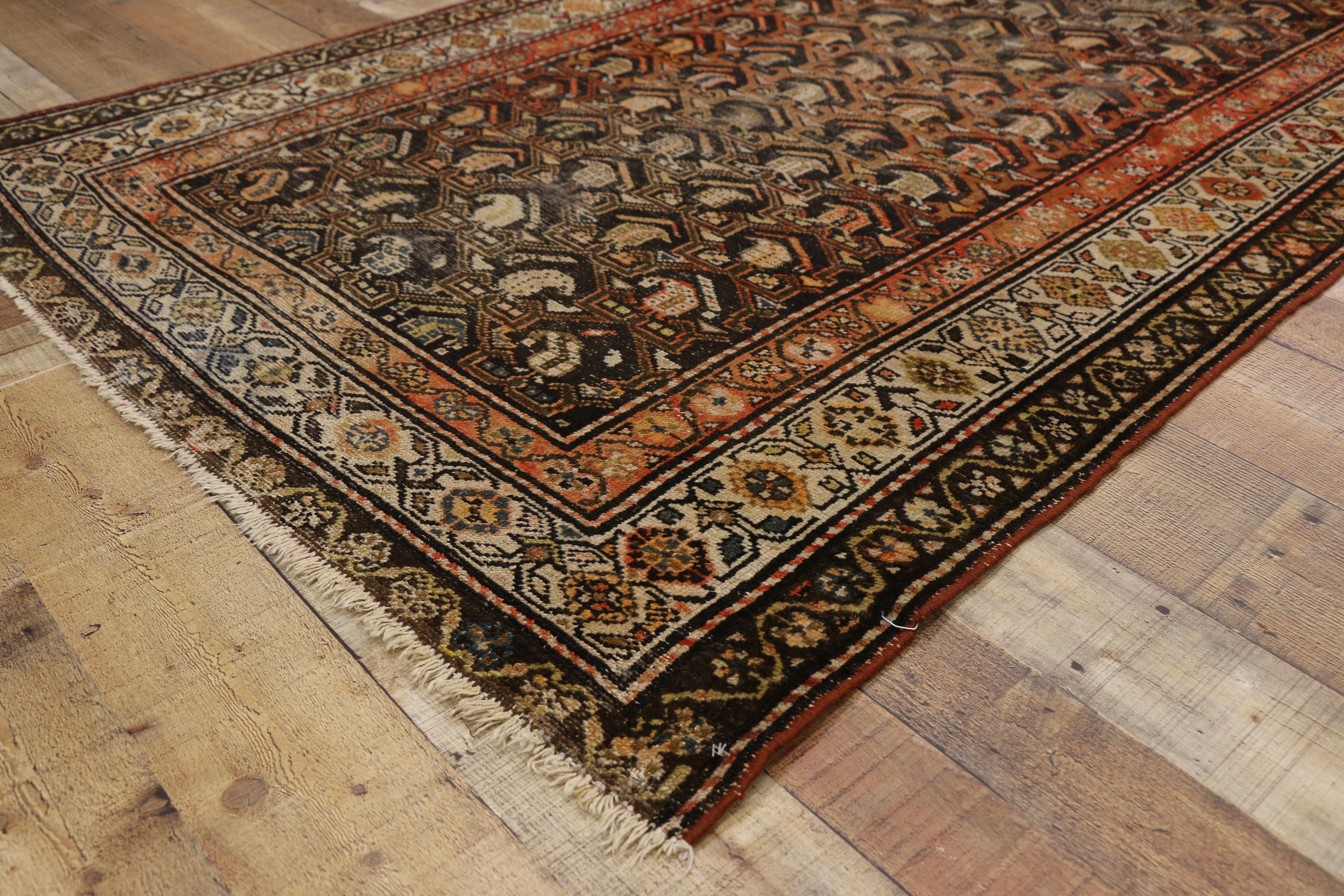 Wool Worn-In Distressed Antique Persian Malayer Rug with Adirondack Lodge Style For Sale