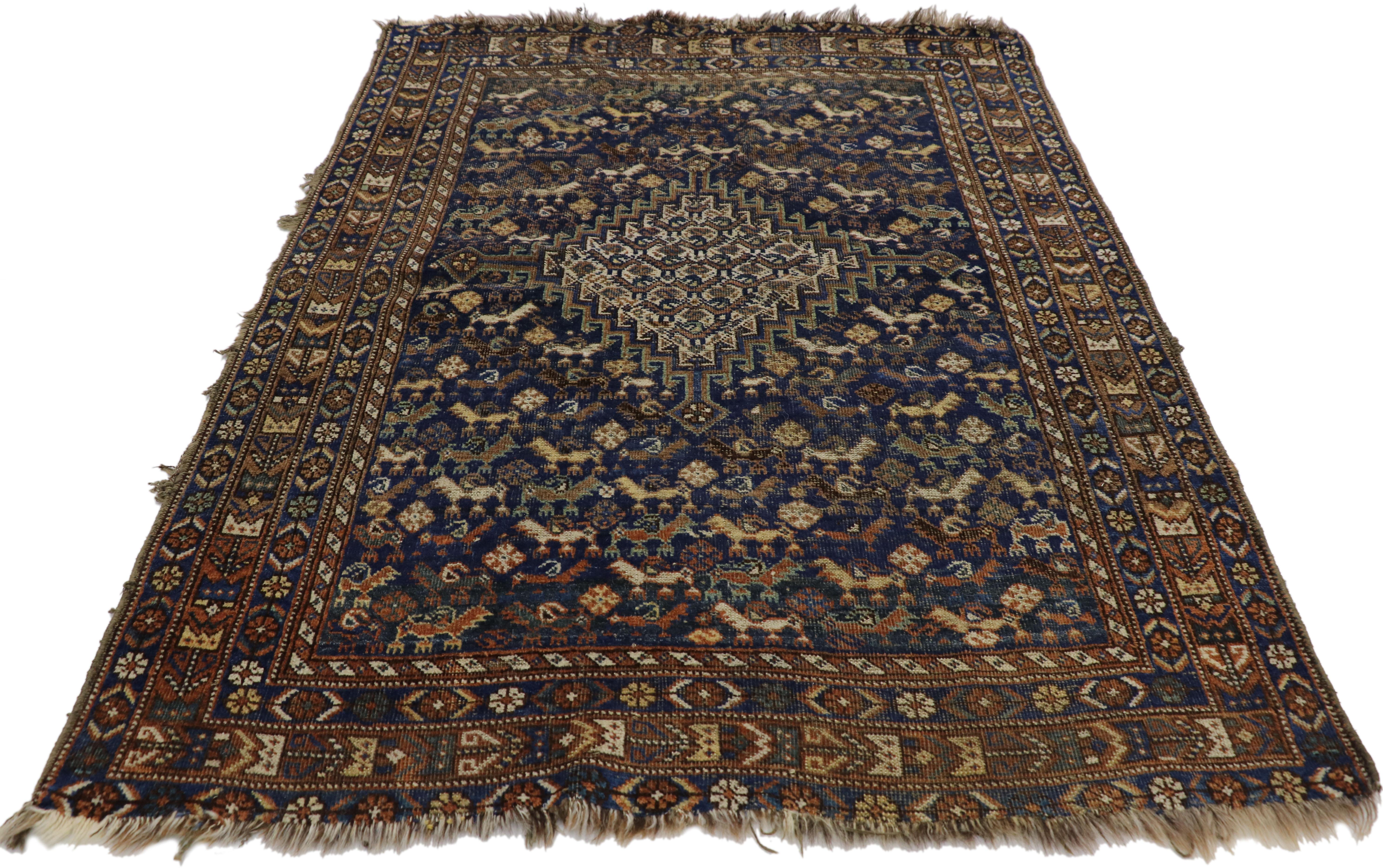 Hand-Knotted Worn-In Distressed Antique Persian Shiraz Accent Rug with Adirondack Lodge Style For Sale