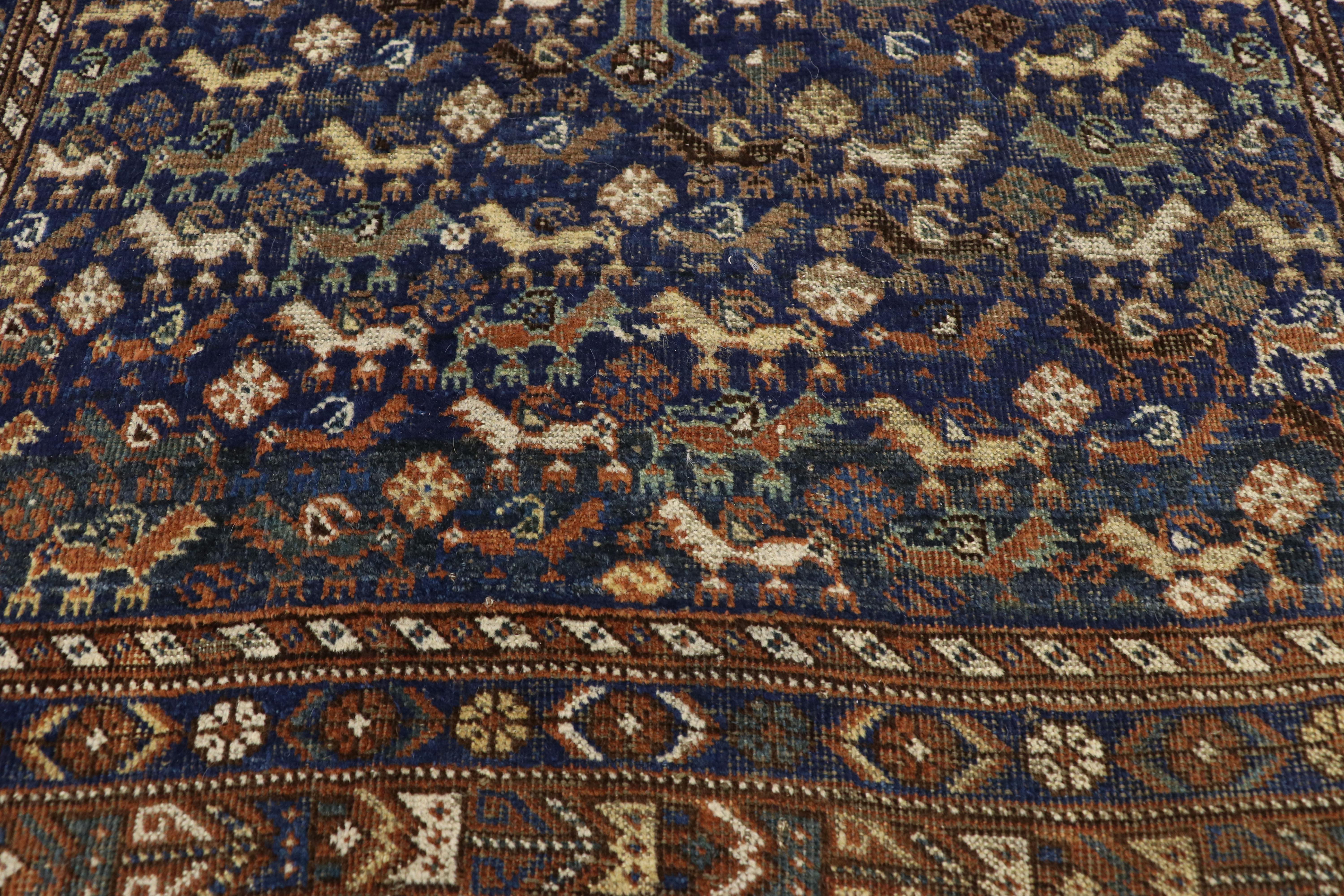 Worn-In Distressed Antique Persian Shiraz Accent Rug with Adirondack Lodge Style In Distressed Condition For Sale In Dallas, TX
