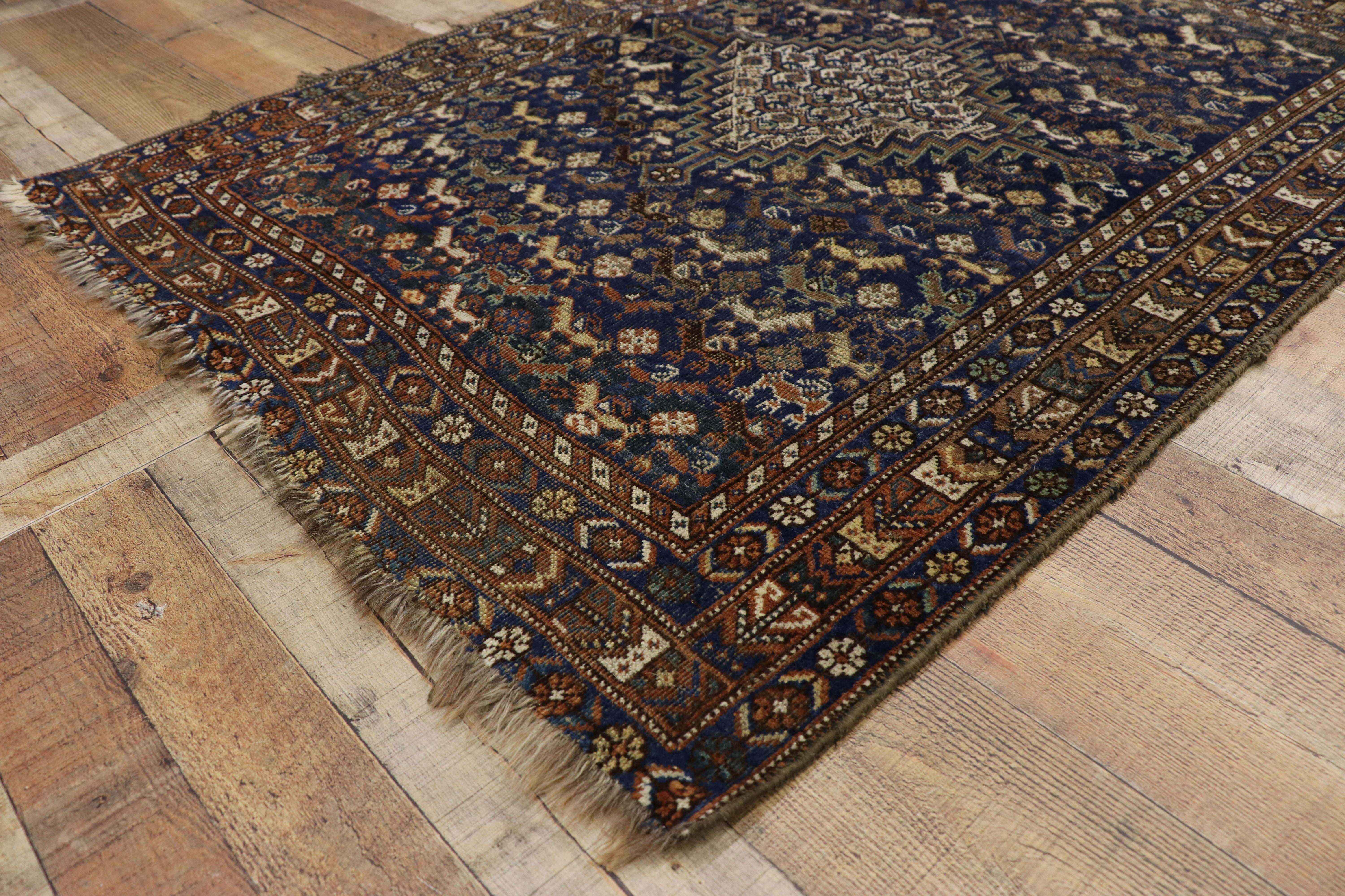 Wool Worn-In Distressed Antique Persian Shiraz Accent Rug with Adirondack Lodge Style For Sale