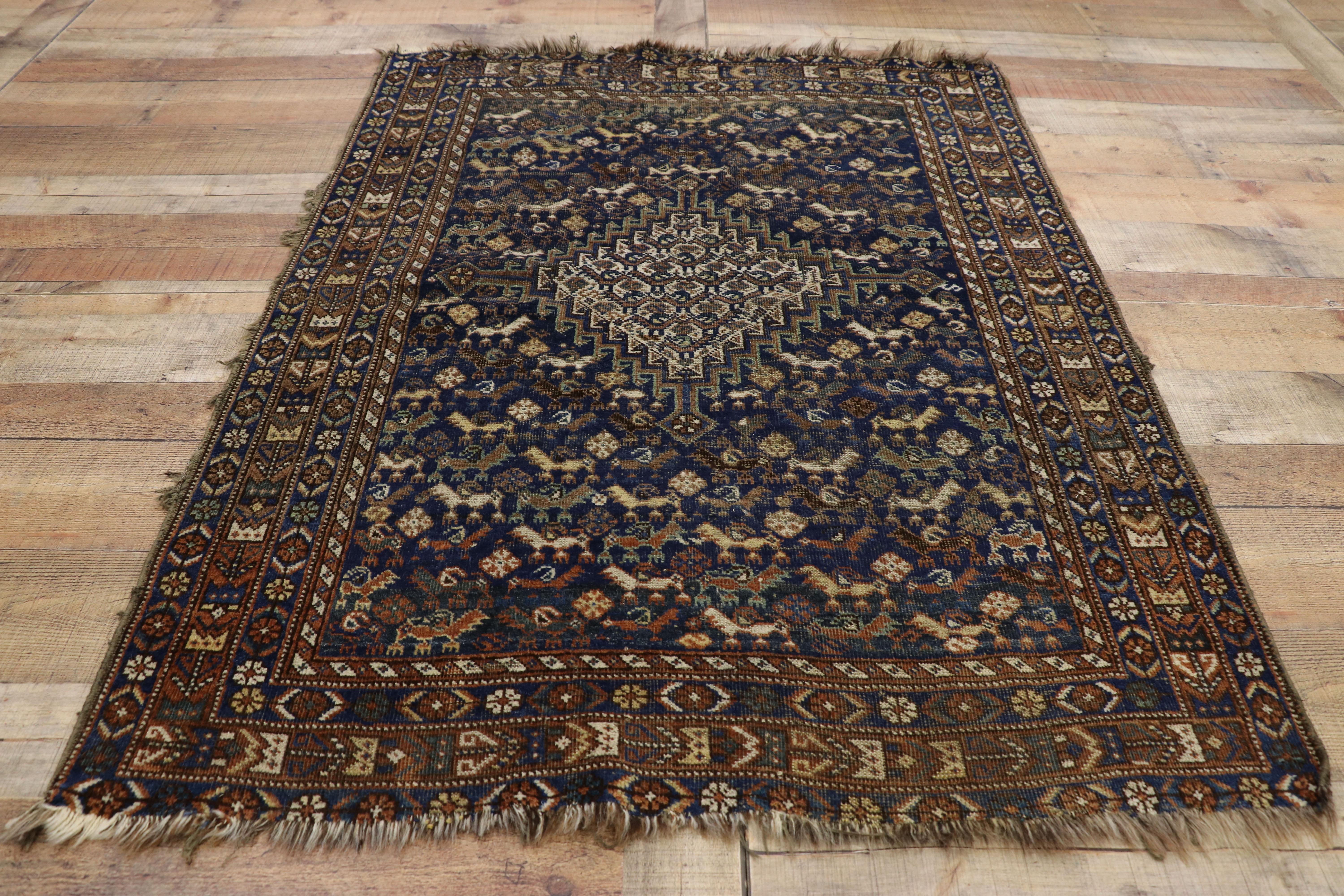 Worn-In Distressed Antique Persian Shiraz Accent Rug with Adirondack Lodge Style For Sale 1