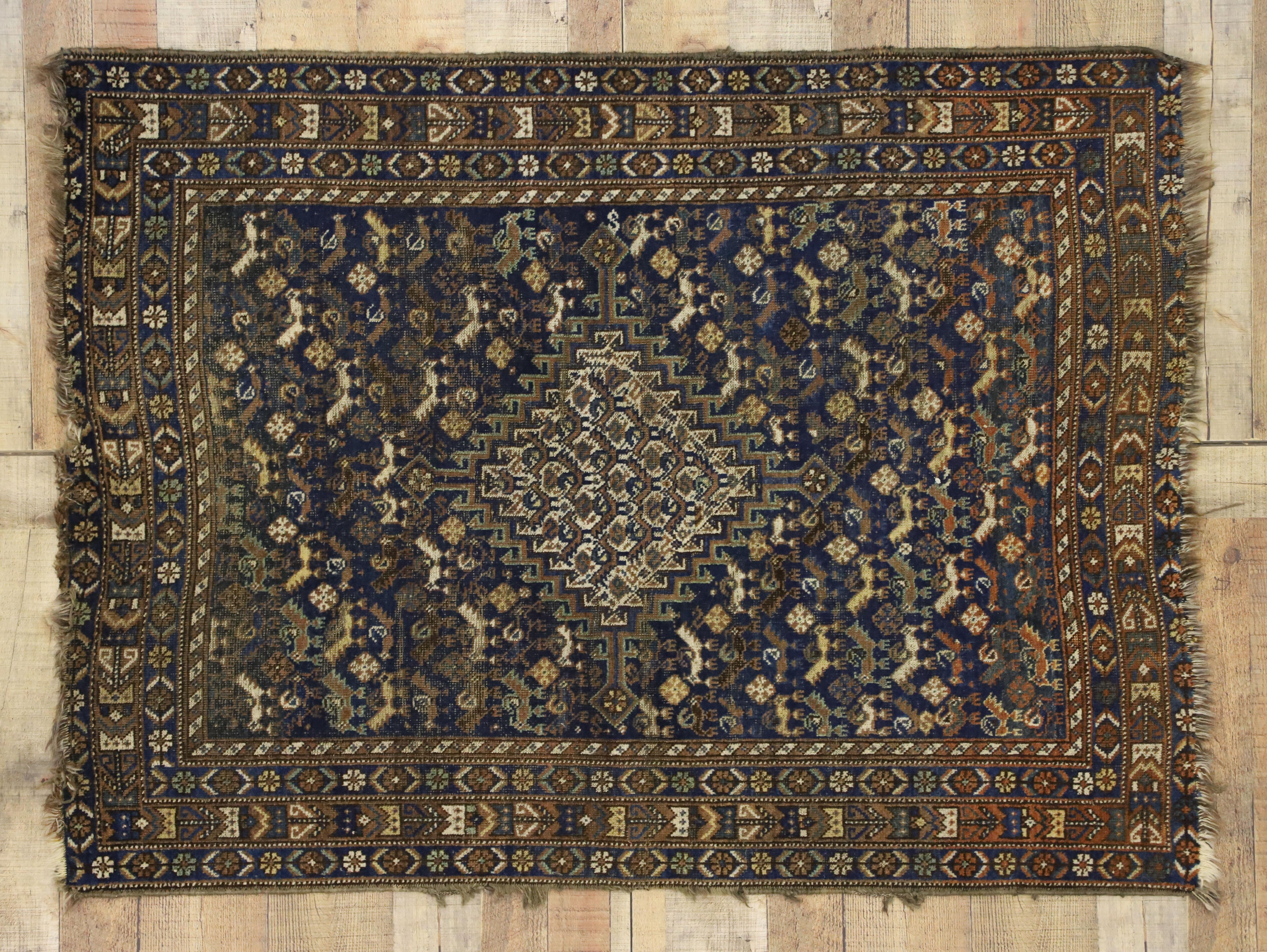 Worn-In Distressed Antique Persian Shiraz Accent Rug with Adirondack Lodge Style For Sale 2