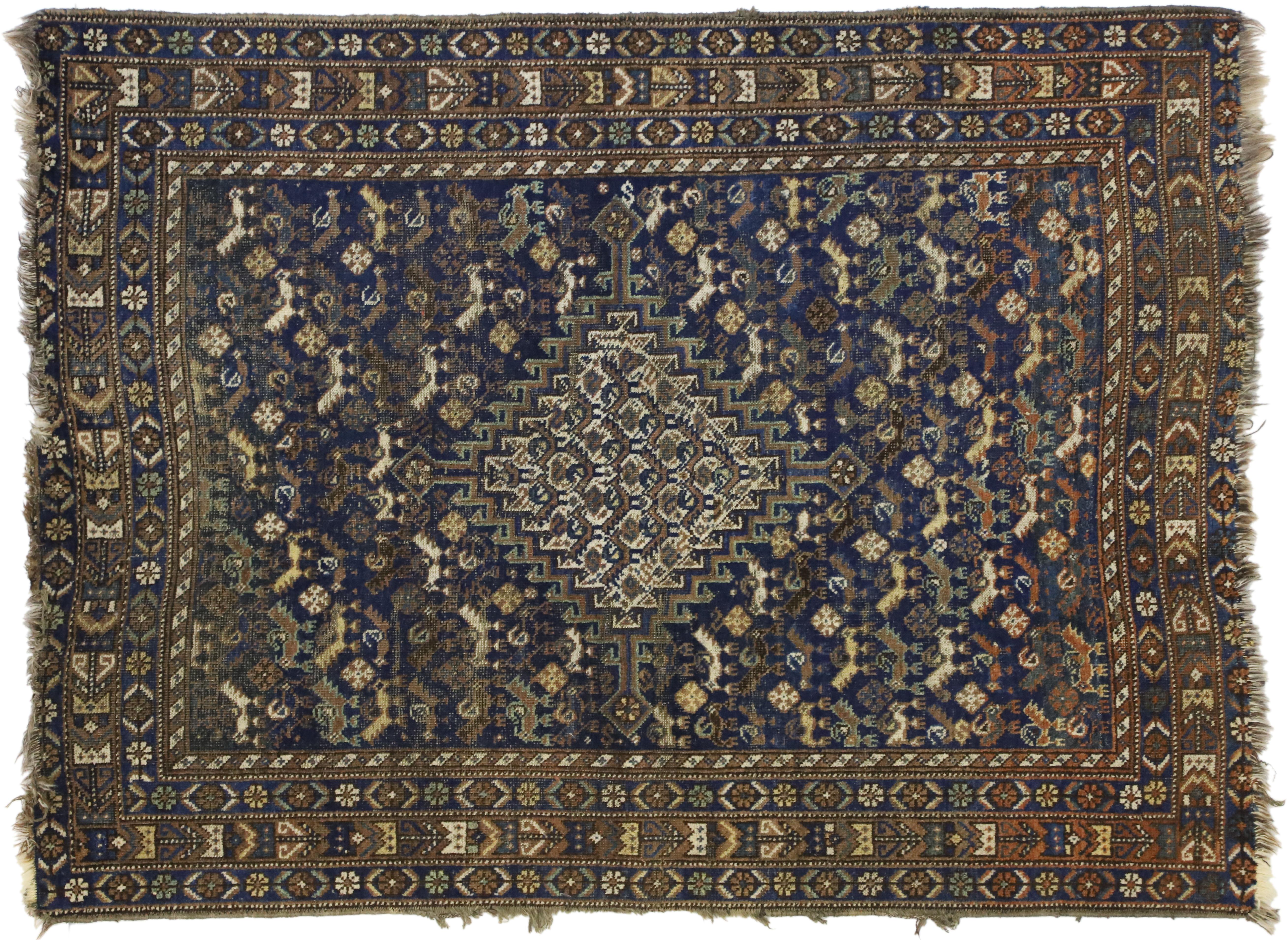 Worn-In Distressed Antique Persian Shiraz Accent Rug with Adirondack Lodge Style For Sale 3