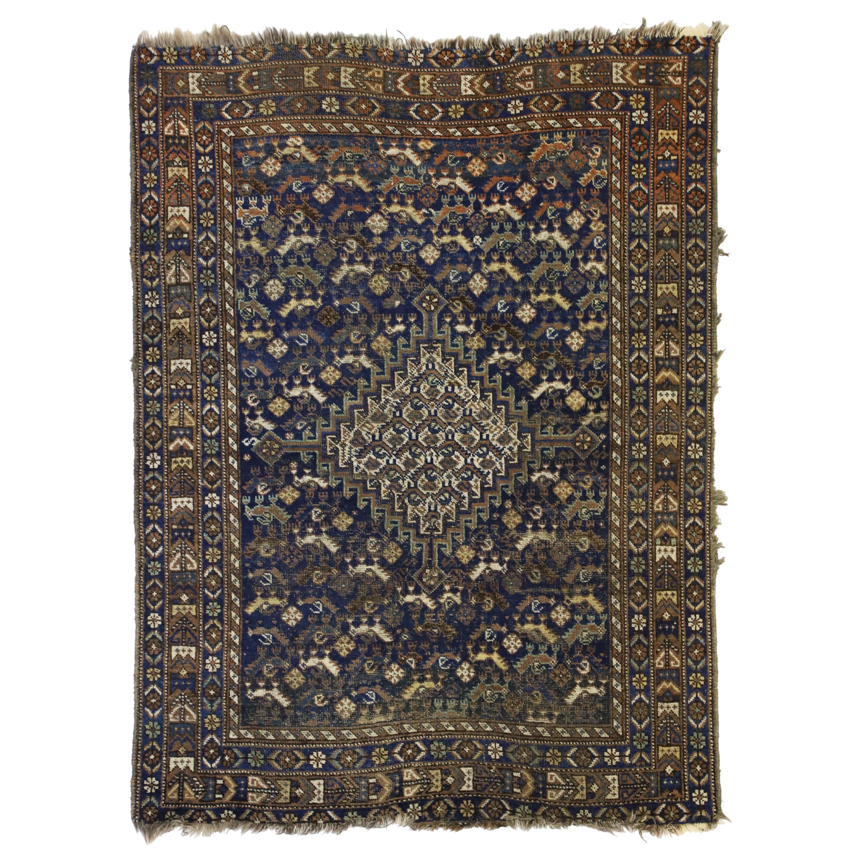 Worn-In Distressed Antique Persian Shiraz Accent Rug with Adirondack Lodge Style For Sale