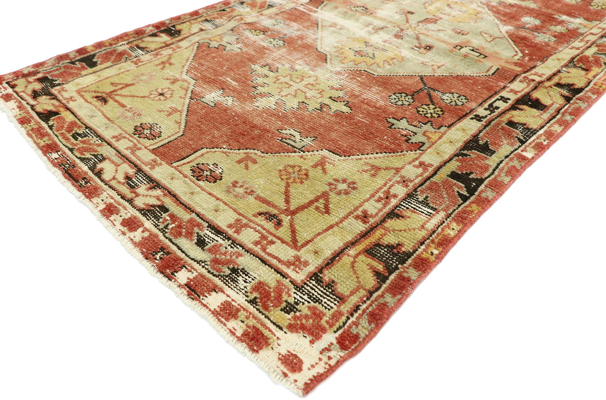 52780 Worn-In Distressed Vintage Turkish Oushak Runner with Rustic Lodge Style. This hand knotted wool distressed vintage Turkish Oushak runner features three large hexagonal medallions patterned with serrated palmettes and connected by small