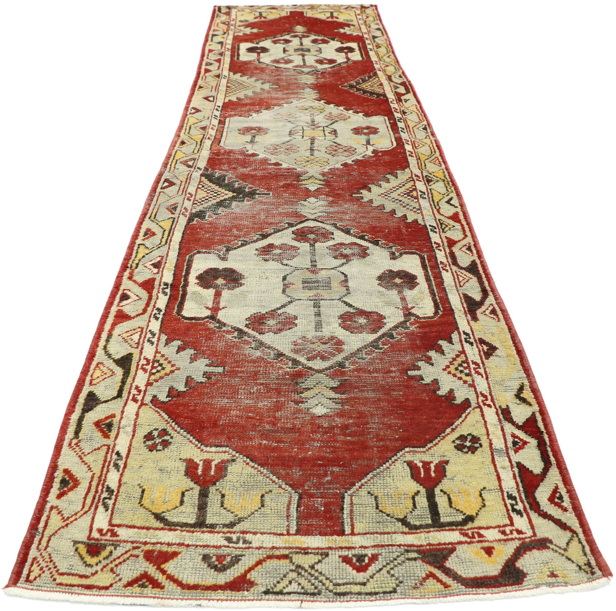 Hand-Knotted Worn-In Distressed Vintage Turkish Oushak Runner with Rustic Lodge Style For Sale