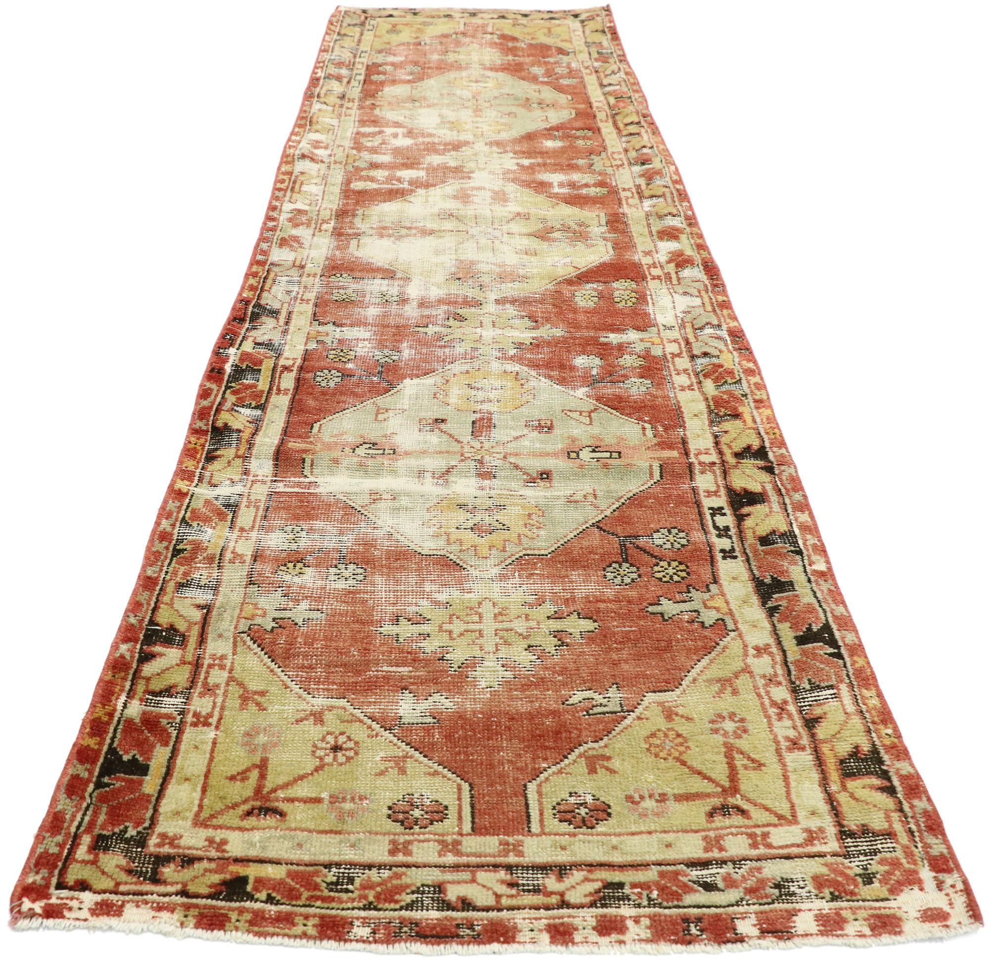 Hand-Knotted Worn-In Distressed Vintage Turkish Oushak Runner with Rustic Lodge Style For Sale