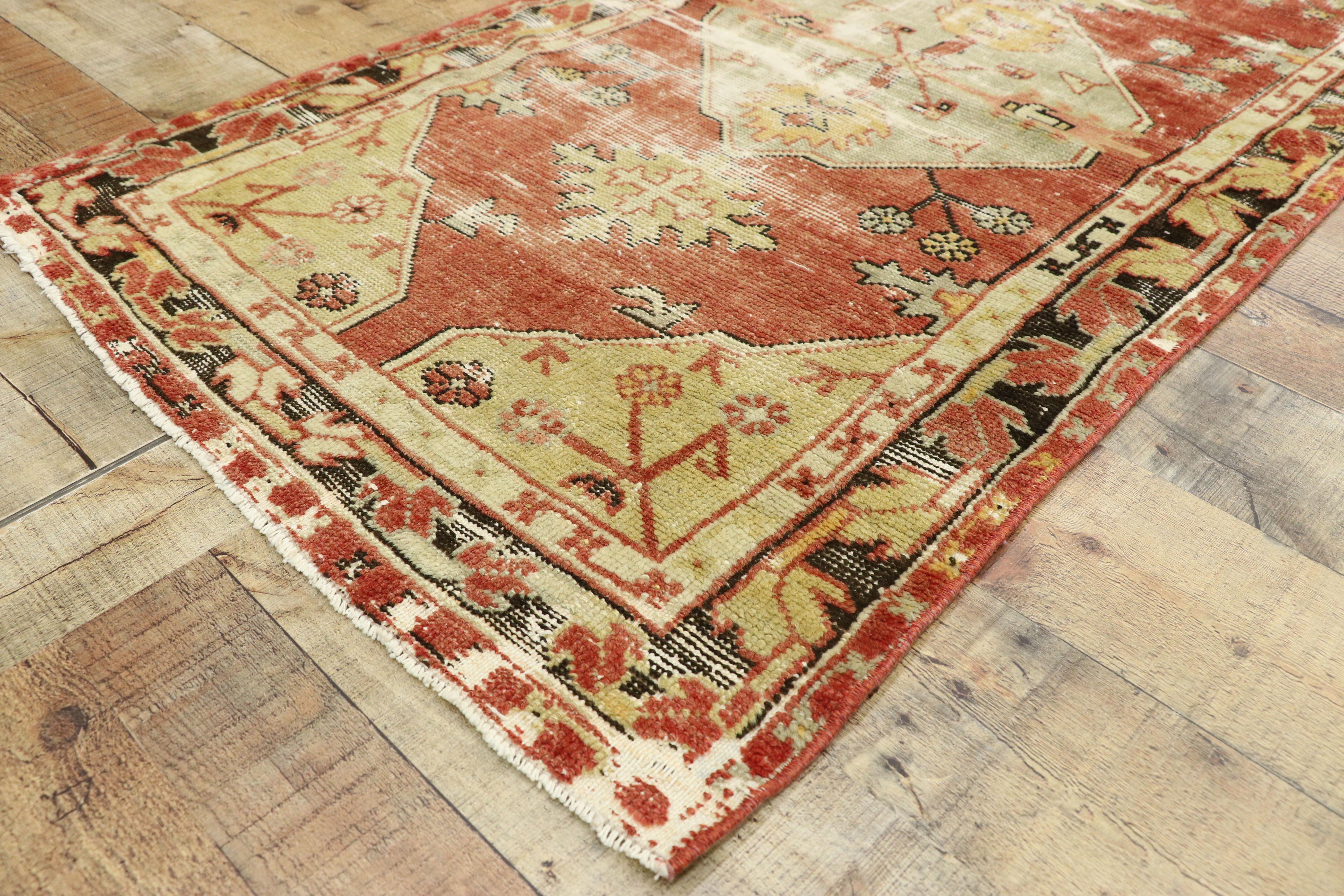 Wool Worn-In Distressed Vintage Turkish Oushak Runner with Rustic Lodge Style For Sale