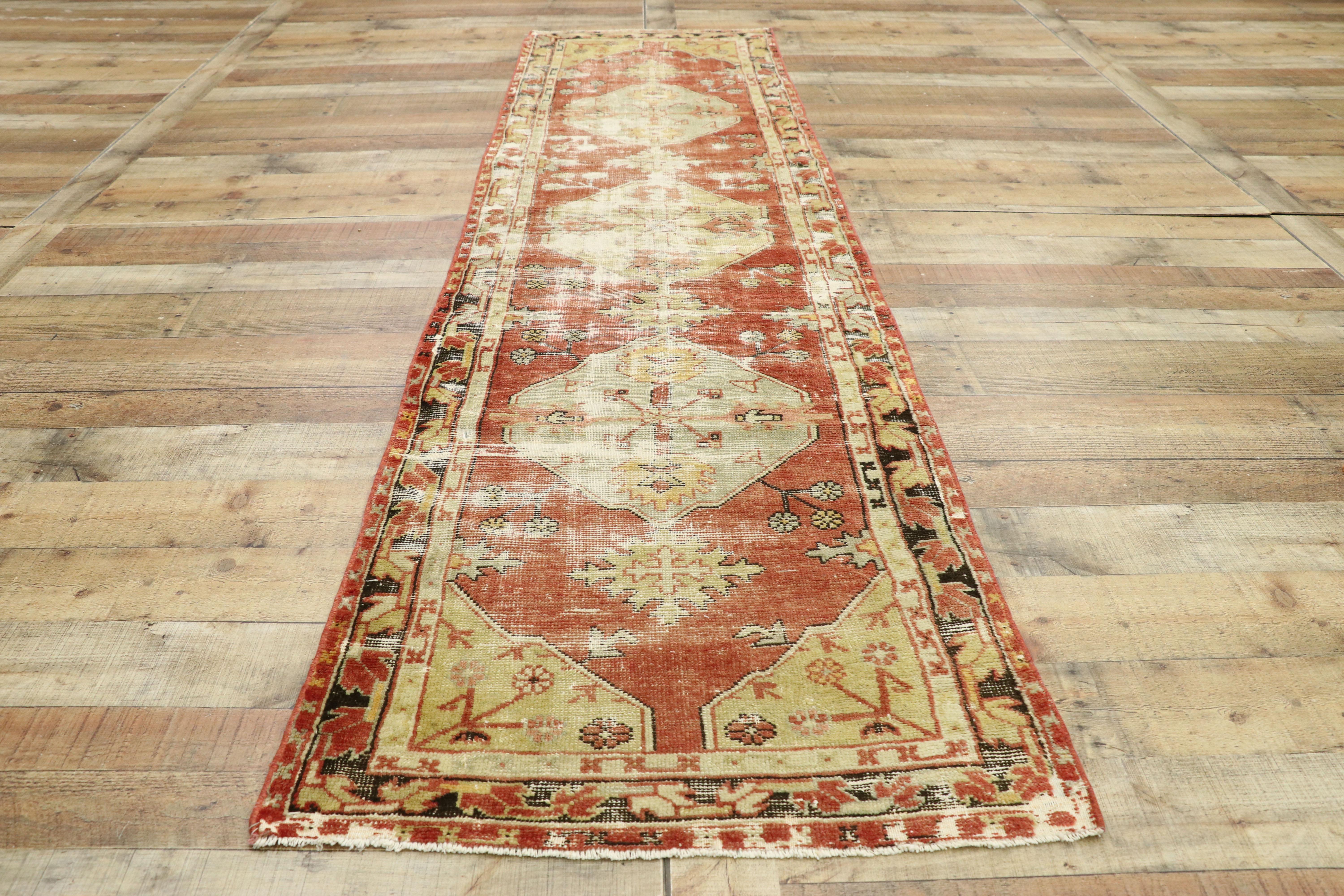 Worn-In Distressed Vintage Turkish Oushak Runner with Rustic Lodge Style For Sale 1