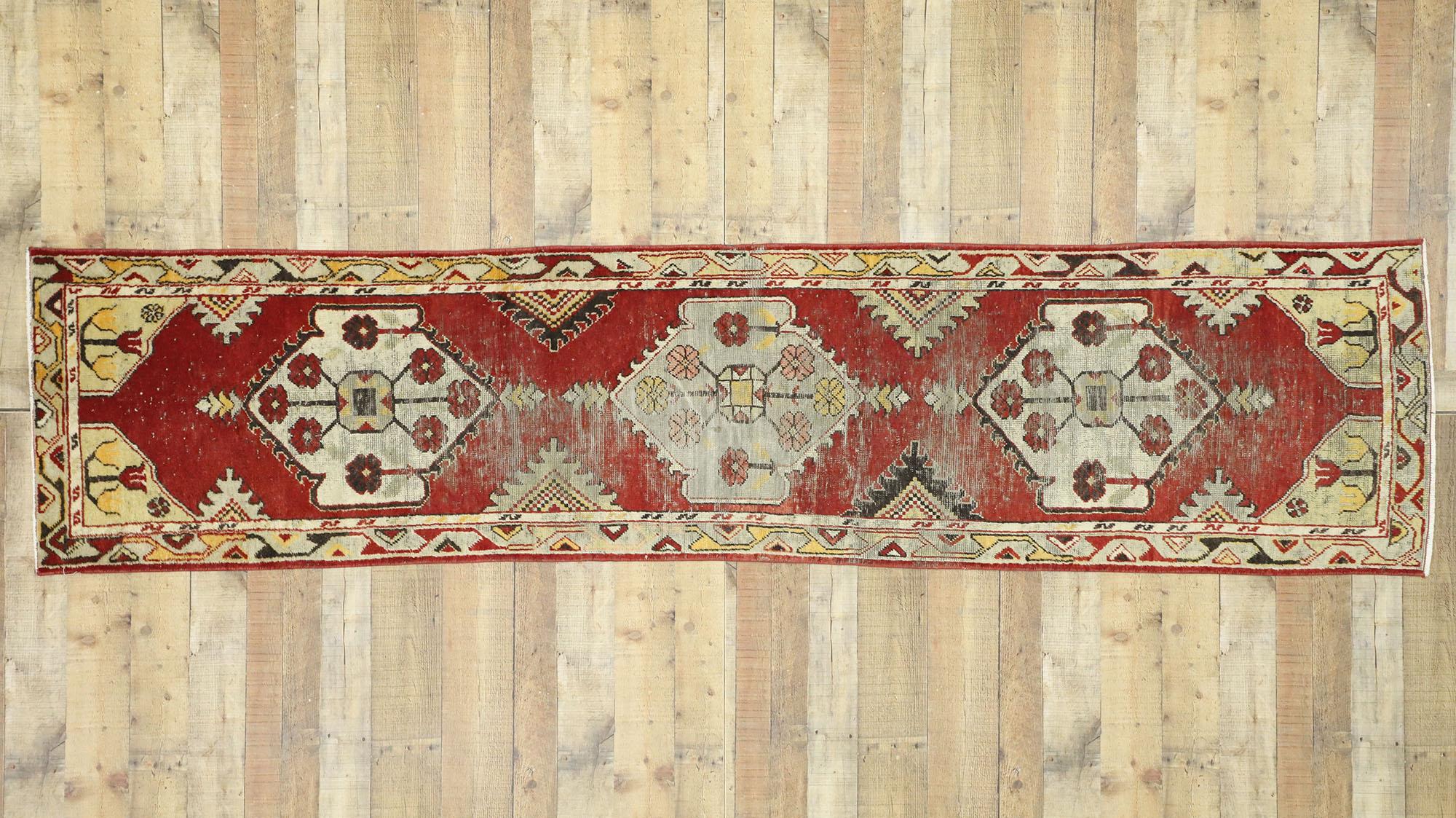 Worn-In Distressed Vintage Turkish Oushak Runner with Rustic Lodge Style For Sale 2