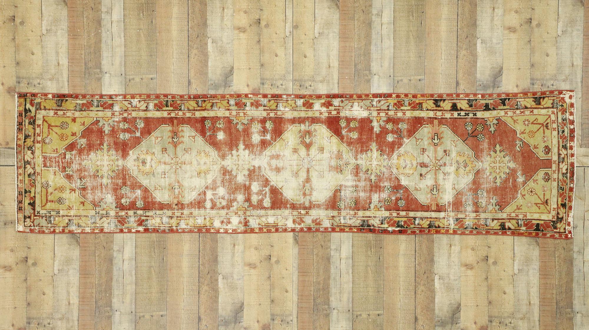 Worn-In Distressed Vintage Turkish Oushak Runner with Rustic Lodge Style For Sale 2